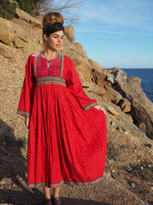 shop vintage online, affordable vintage clothing, vintage clothing store, vintage clothing brand, sustainable clothing brand, sustainable fashion, recycled fashion, slow fashion brand, recycled clothes, 70s vintage, bohemian vintage, affordable slow fashion, hippie boho, ethical fashion brand, hand stitched, festival fashion, Indian embroidery, bohemian vintage,  afghan dress, red maxi dress, embroidered dress, vintage afghan dress, festival dress, bohemian dress, 1970s dress