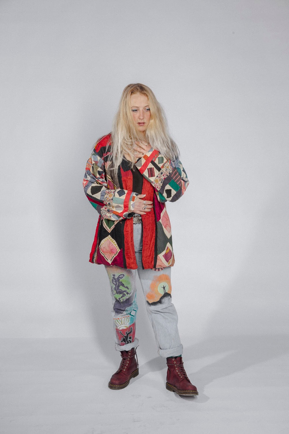 colourful waistcoat, Vintage Crochet Jacket, up cycled jacket , handmade jacket, striped jacket , vintage jacket, 1970s jacket , long waistcoat, slow fashion , sustainable fashion, vintage shop, ibiza vintage shop, ibiza style, bohemian jacket, boho jacket, colourful jacket, festival jacket, hippie style, 70s clothing, original vintage, recycled fashion brand, sustainable fashion brand, slow fashion brand, rainbow fashion, knitted jacket, woven jacket, winter jacket