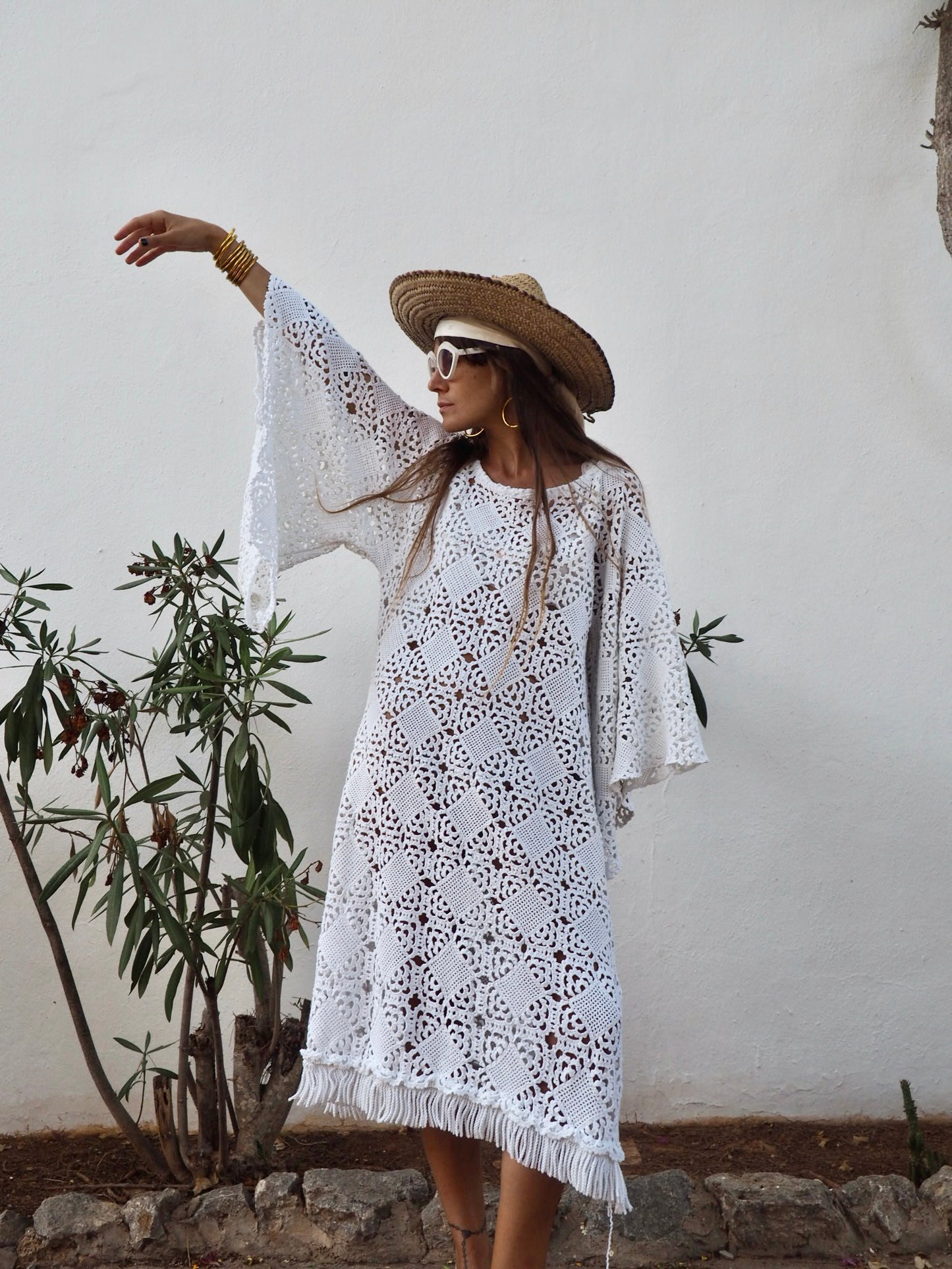Very cool vintage white crochet oversized bell sleeve dress up-cycled by Vagabond Ibiza