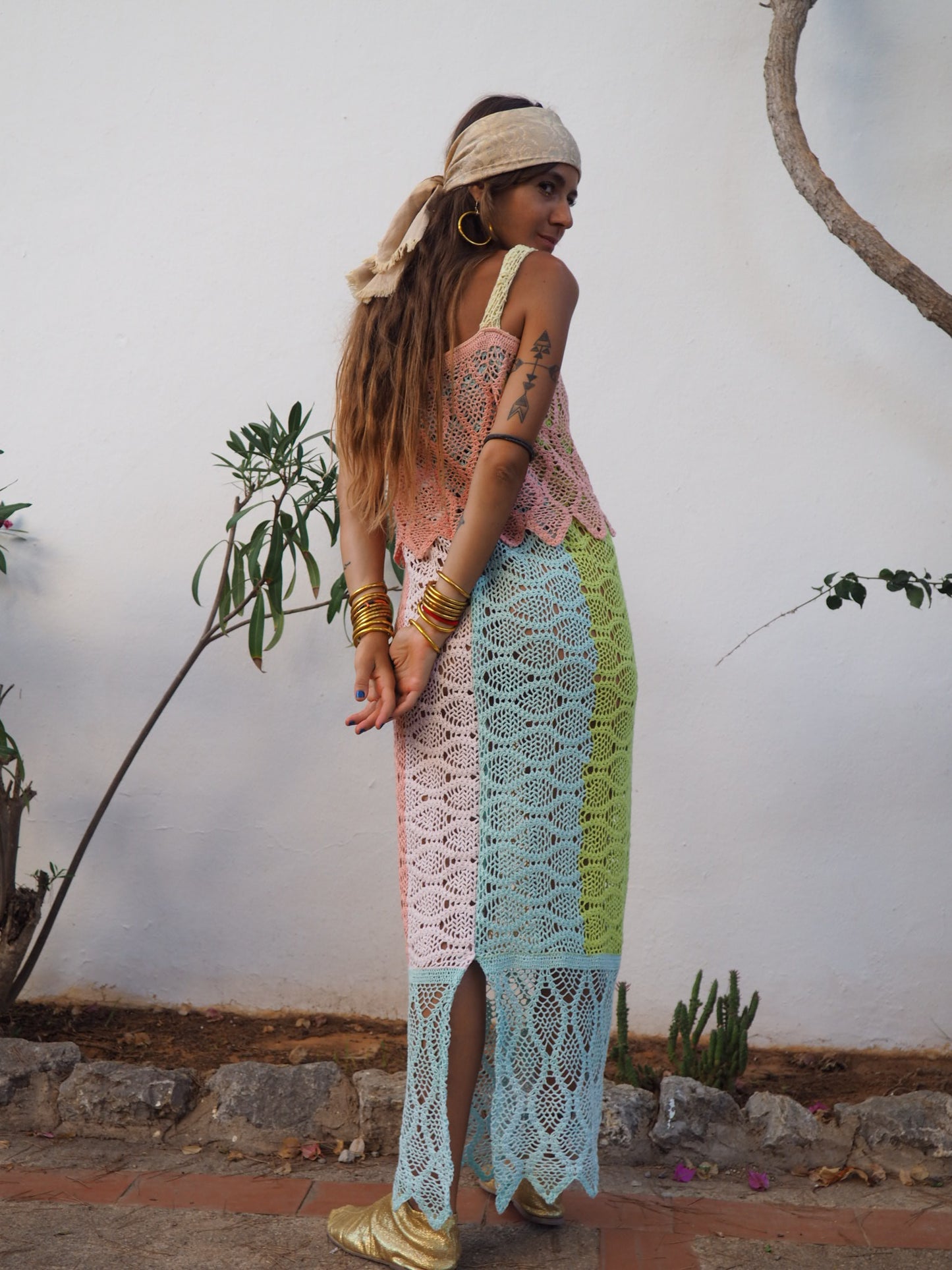 One of a kind up-cycled cotton crochet dress in pastel colours