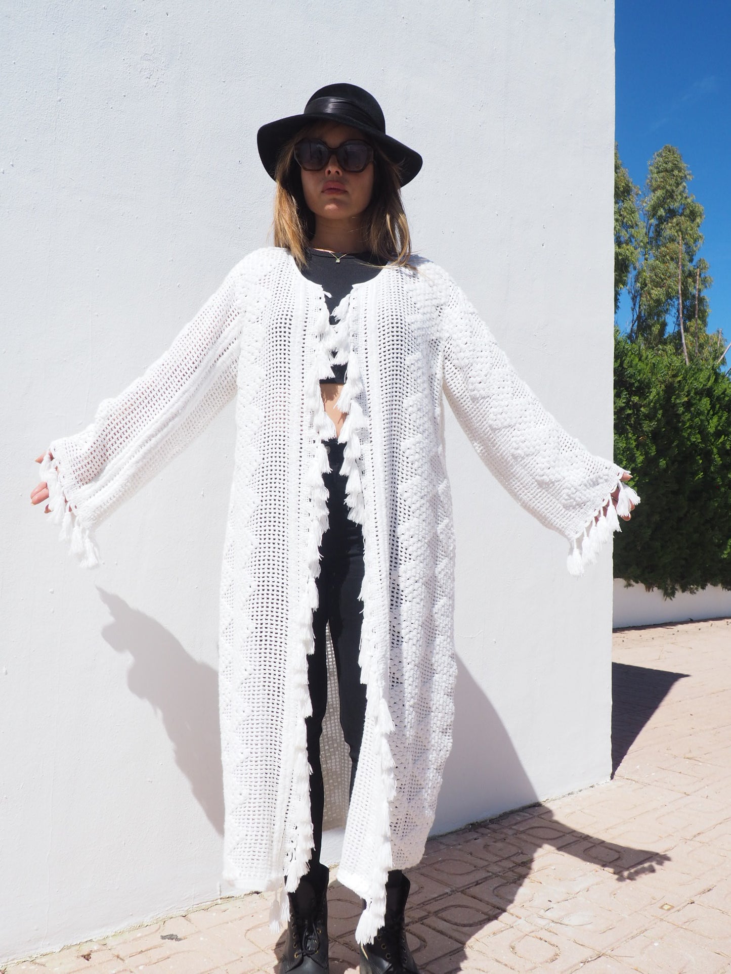 Unique on off a kind vintage white crochet jacket up-cycled by Vagabond Ibiza with cute tássel details.