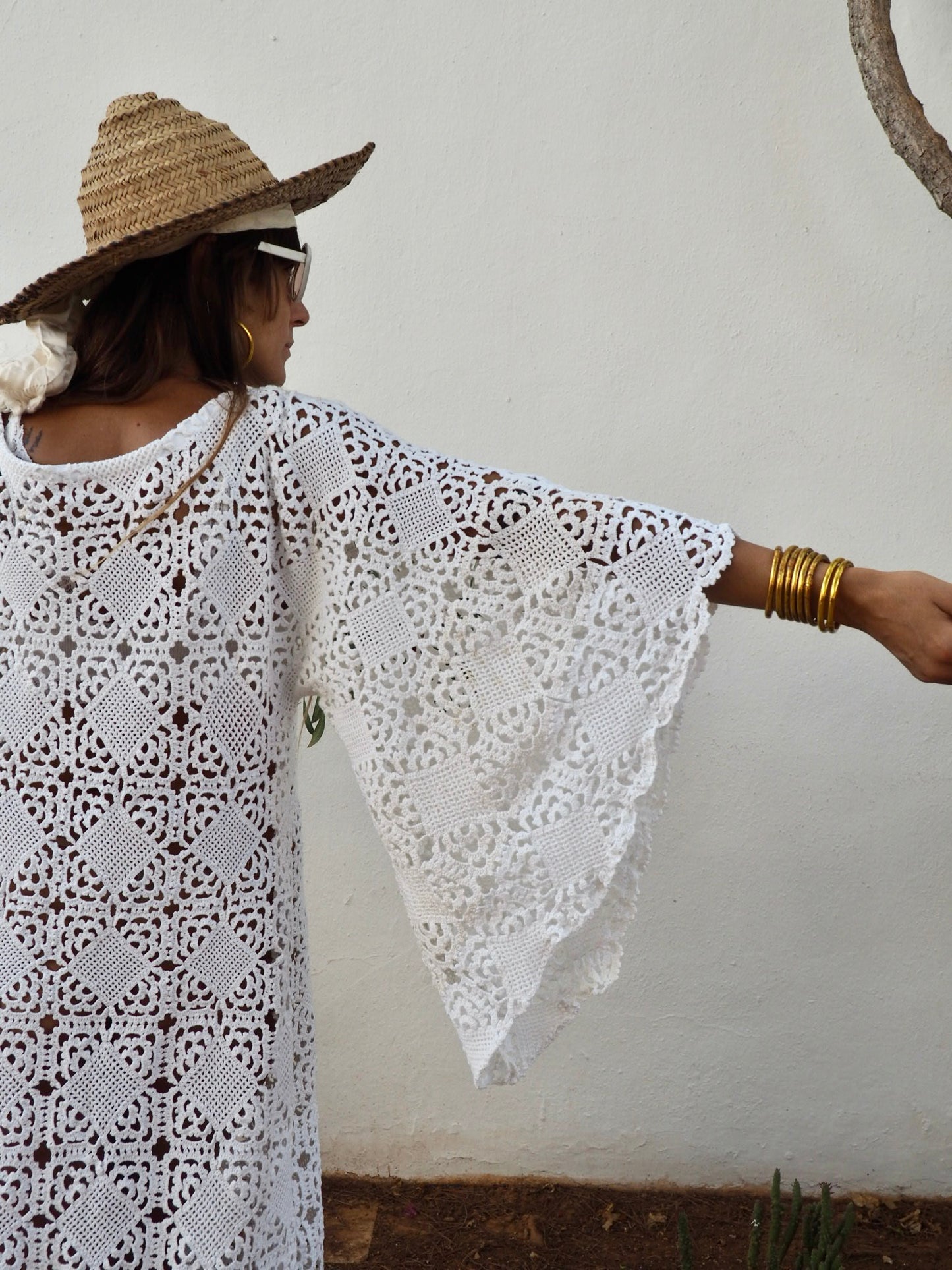 Very cool vintage white crochet oversized bell sleeve dress up-cycled by Vagabond Ibiza