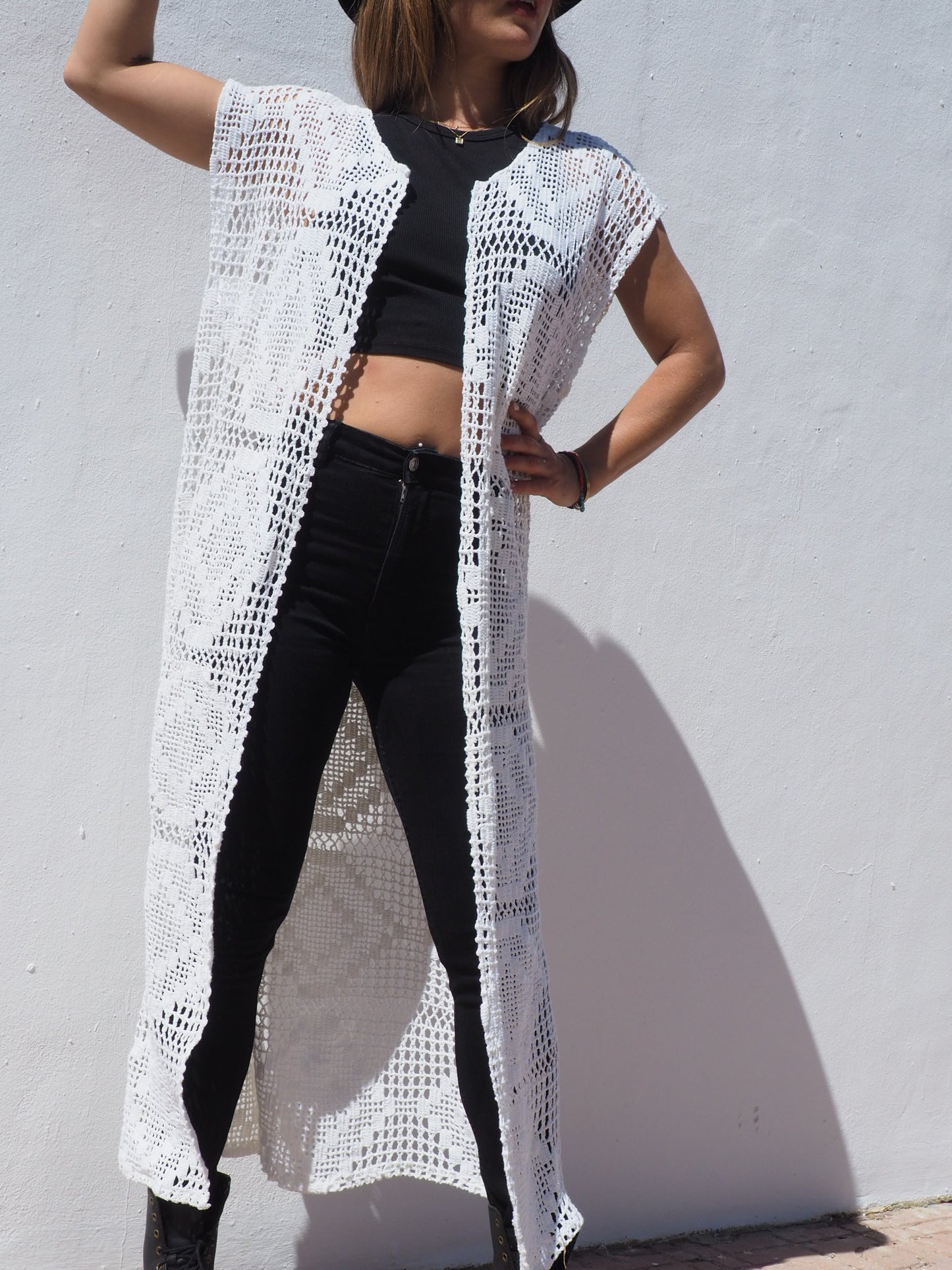 Vintage 1970’s crochet long white up-cycled waistcoat made by Vagabond Ibiza.