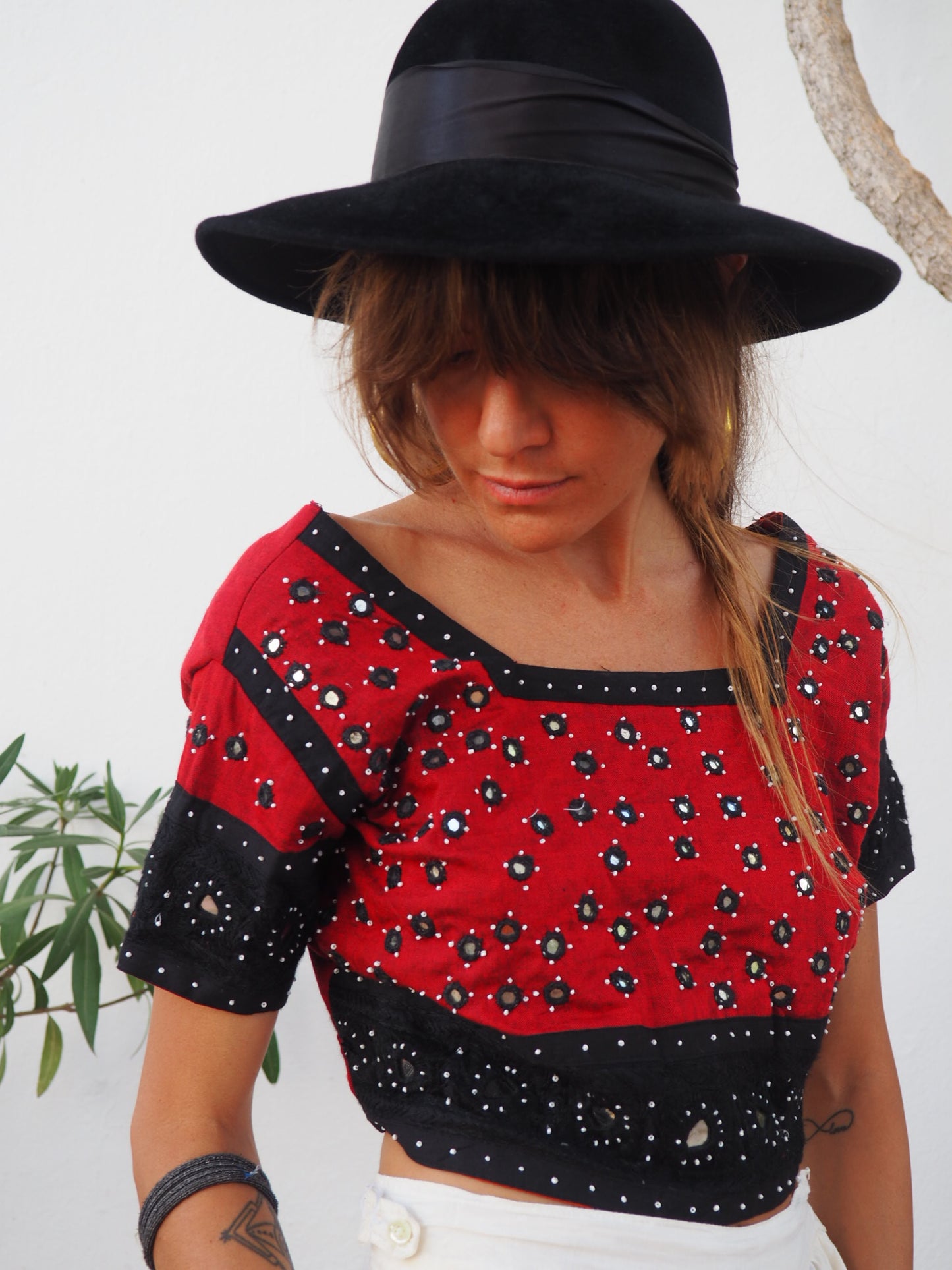 Vintage Indian cotton embroidered and mirror work black and red top