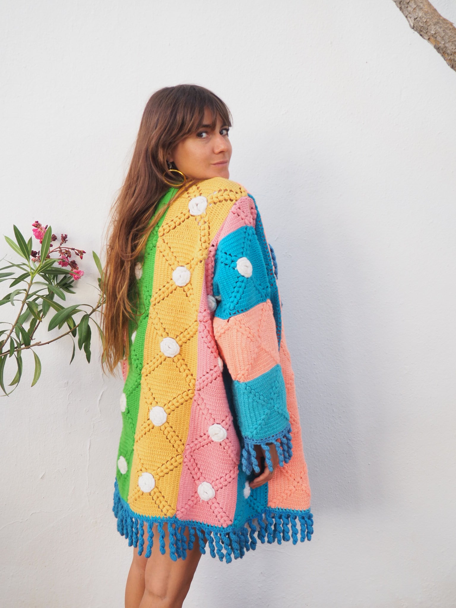 colourful waistcoat, Vintage Crochet Jacket, up cycled jacket , handmade jacket, striped jacket , vintage jacket, 1970s jacket , long waistcoat, slow fashion , sustainable fashion, vintage shop, ibiza vintage shop, ibiza style, bohemian jacket, boho jacket, colourful jacket, festival jacket, hippie style, 70s clothing, original vintage, recycled fashion brand, sustainable fashion brand, slow fashion brand, rainbow fashion, knitted jacket, woven jacket, winter jacket