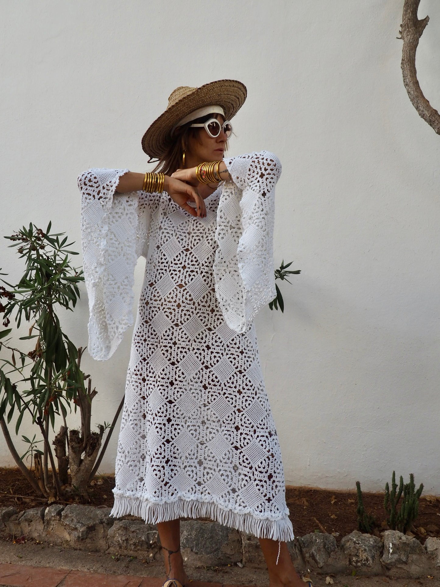 Very cool vintage white crochet oversized bell sleeve dress up-cycled by Vagabond Ibiza