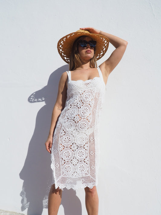 Vintage crochet cotton beach dress handmade cotton crochet up-cycled by Vagabond Ibiza