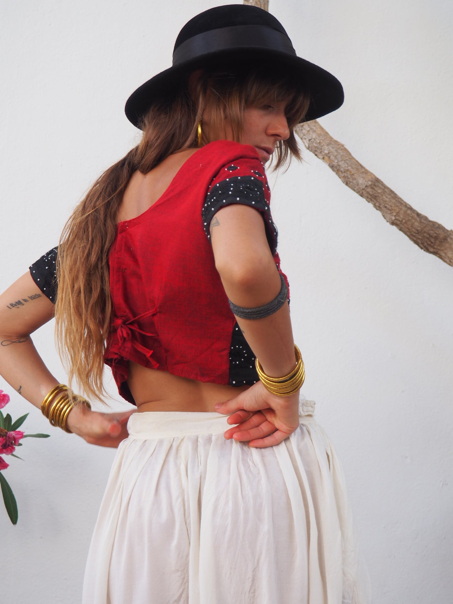 Vintage Indian cotton embroidered and mirror work black and red top