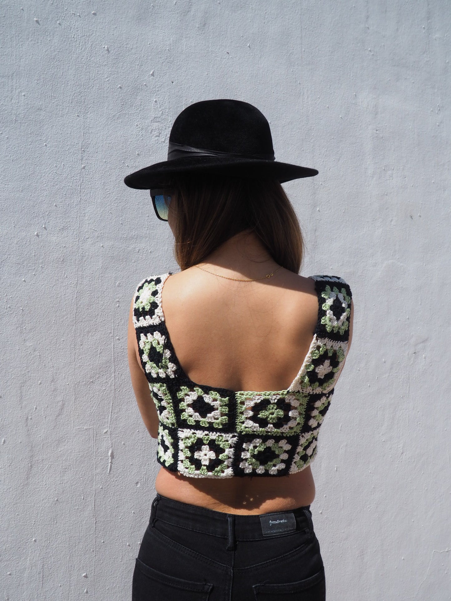 Handmade crochet cotton blue and green top made by Vagabond Ibiza