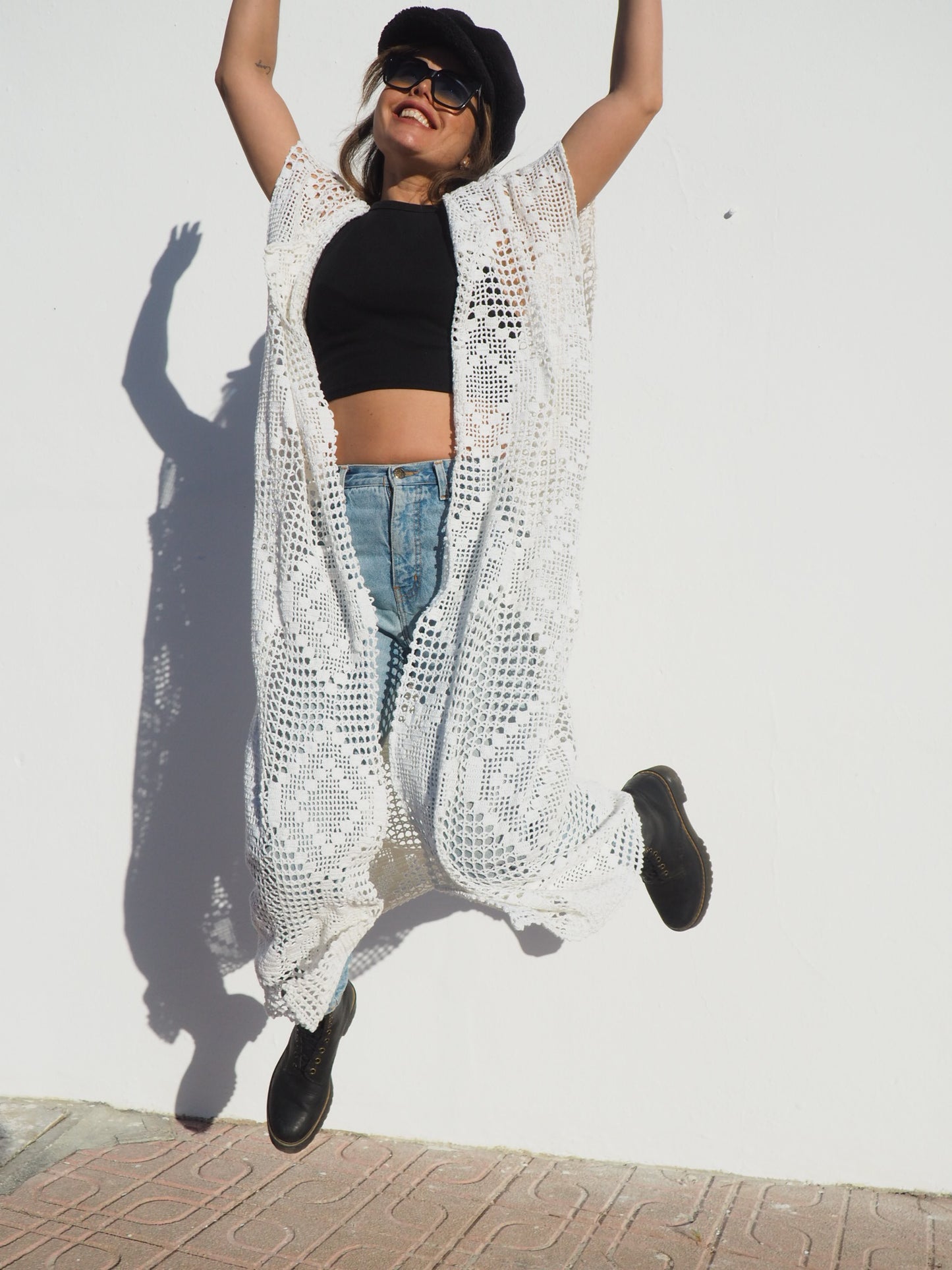 Unique white handmade crochet jacket up-cycled by vagabond ibiza