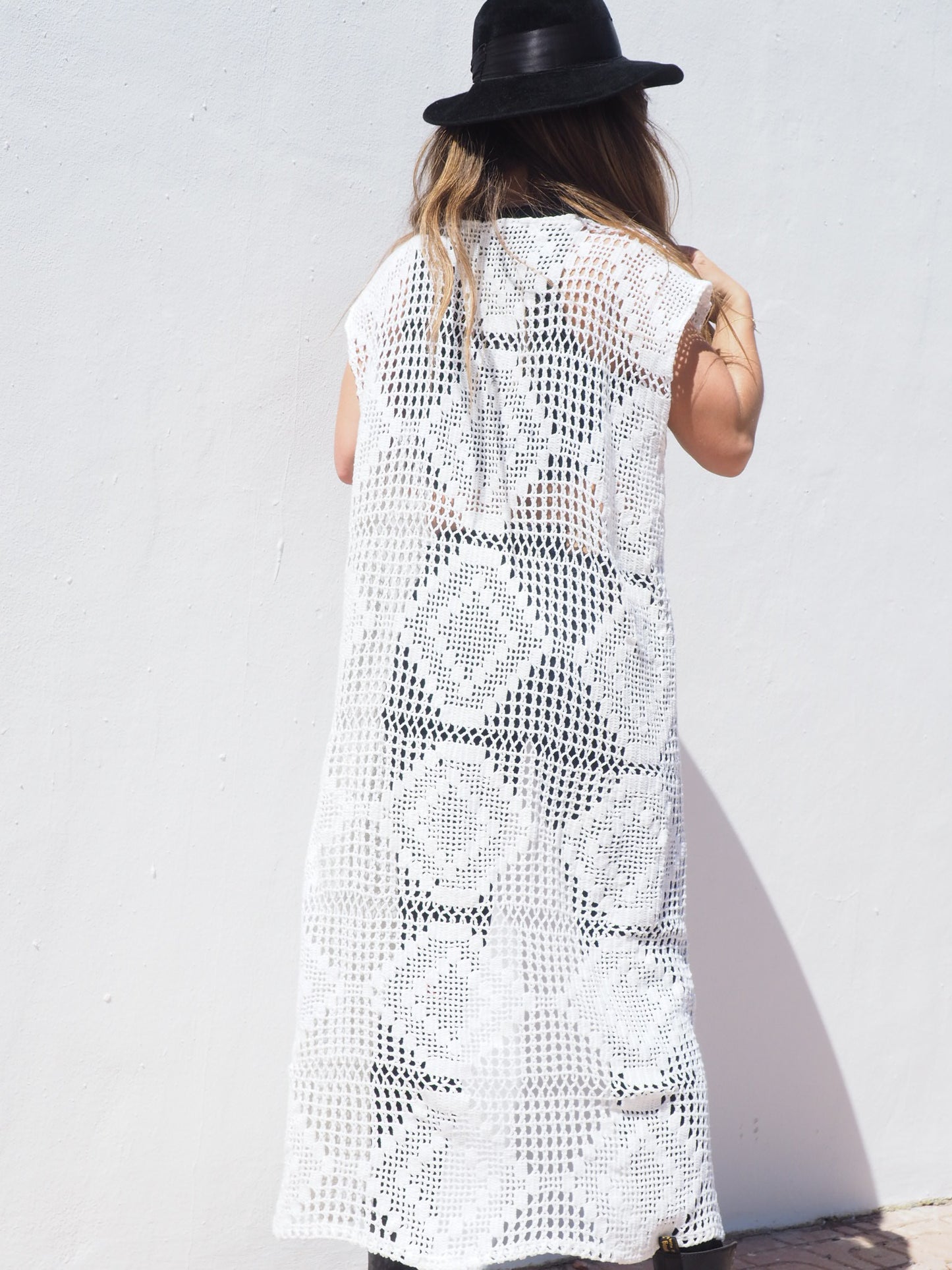 Vintage 1970’s crochet long white up-cycled waistcoat made by Vagabond Ibiza.