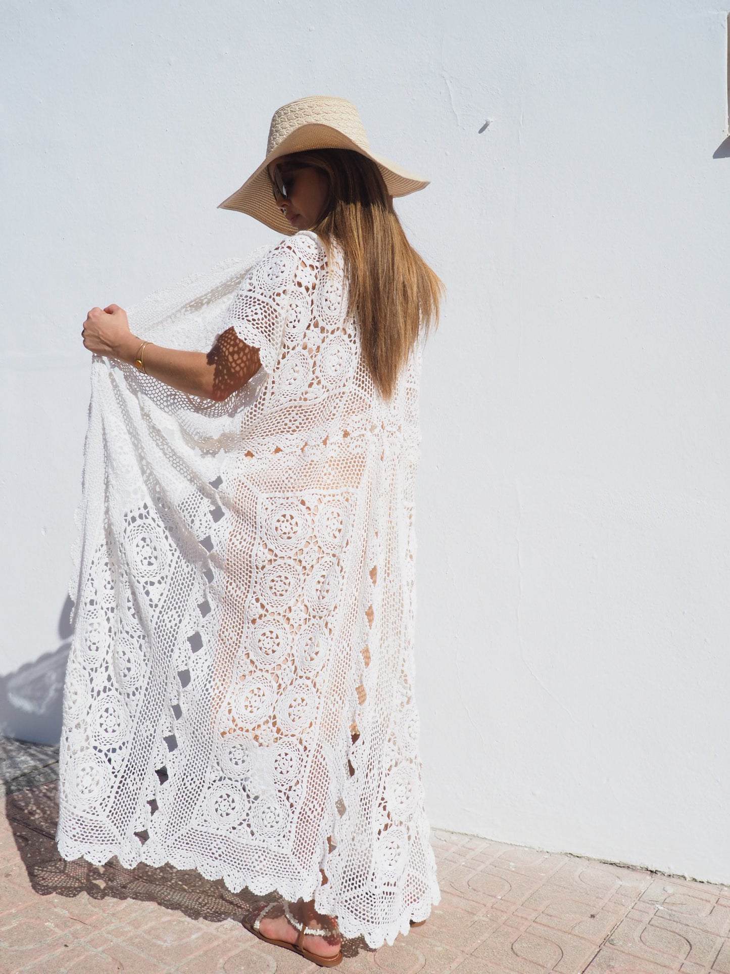 Very cool vintage crochet oversized long waistcoat handmade cotton crochet up-cycled by Vagabond Ibiza