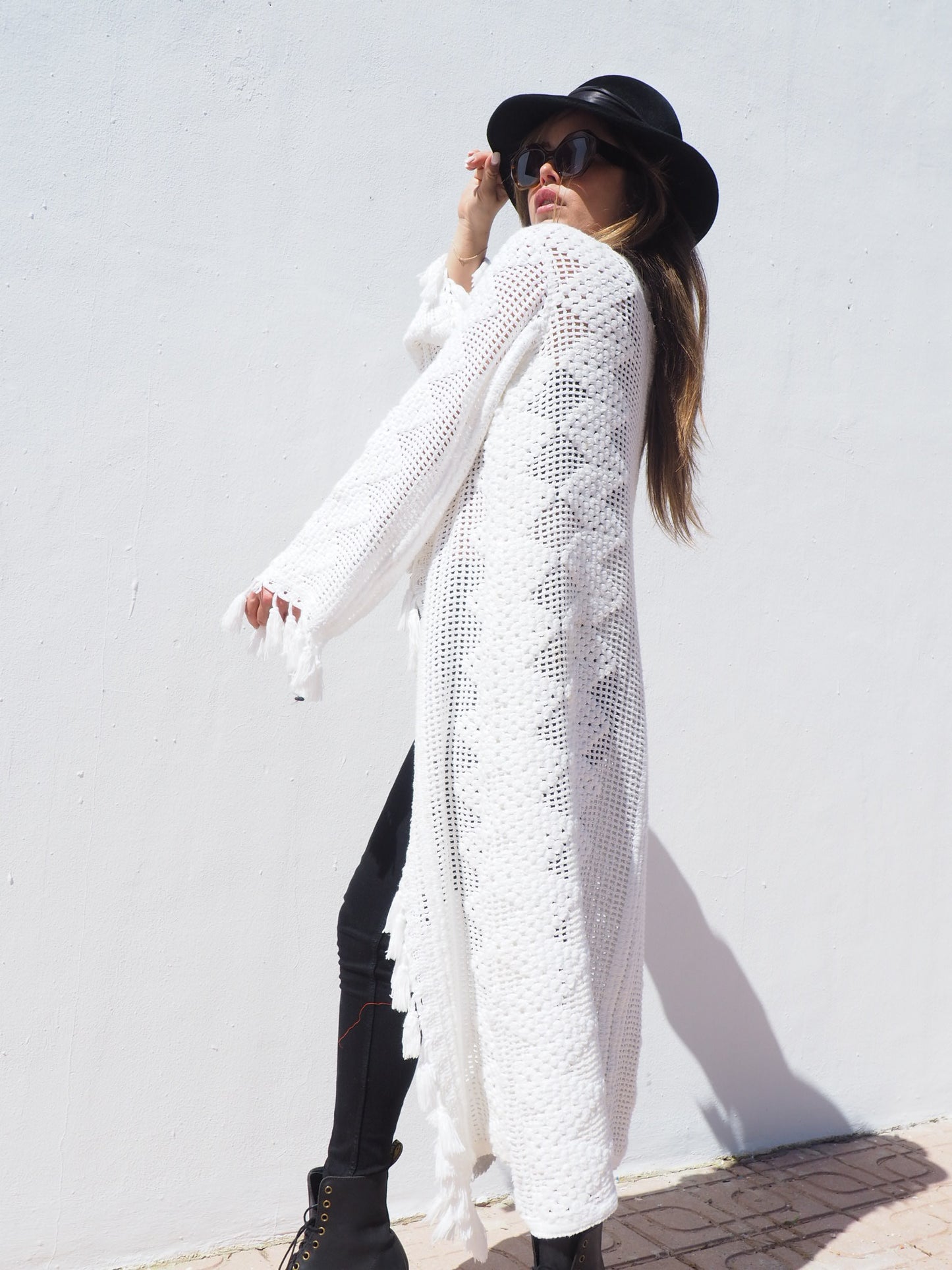 Unique on off a kind vintage white crochet jacket up-cycled by Vagabond Ibiza with cute tássel details.
