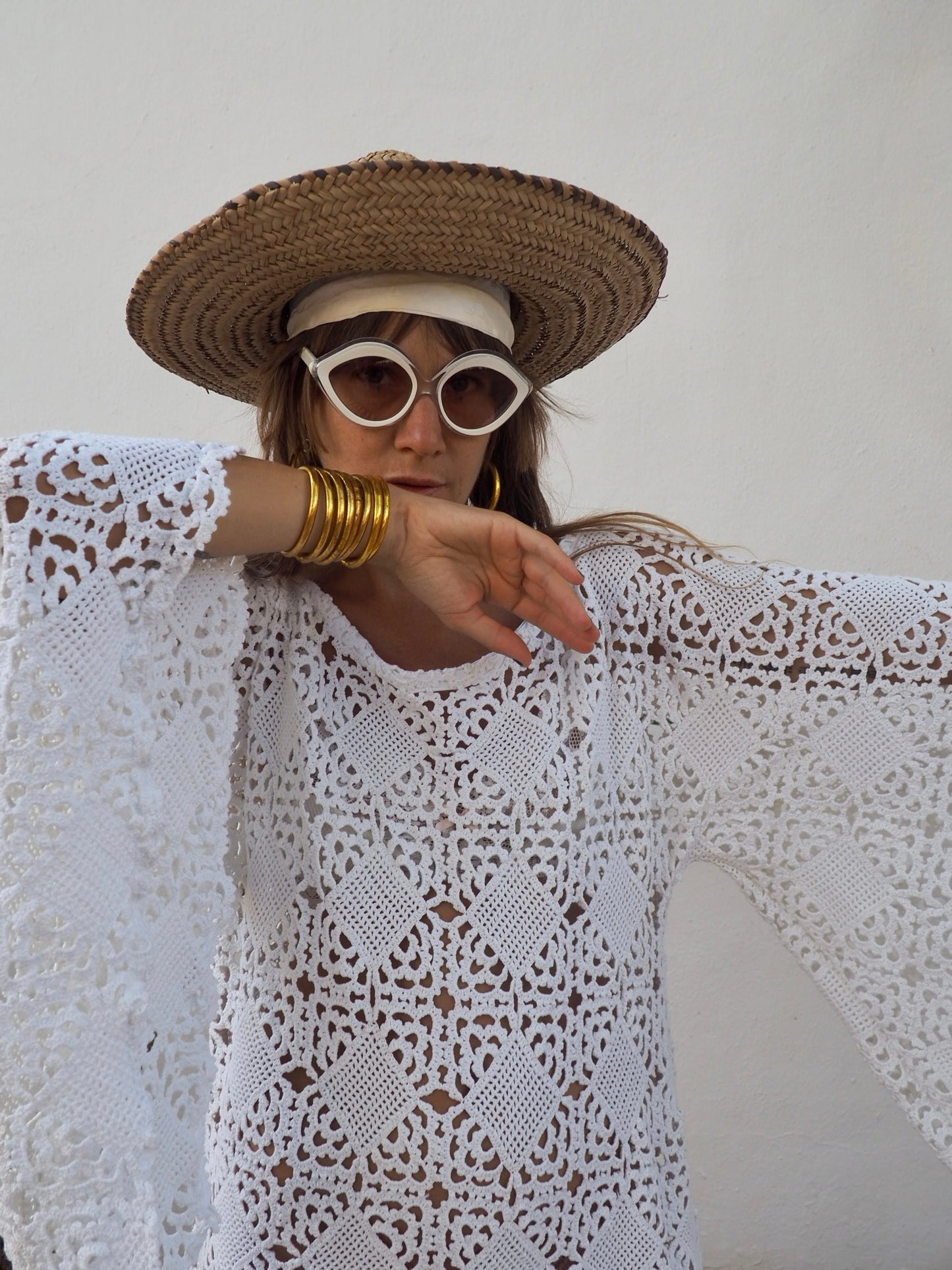 Very cool vintage white crochet oversized bell sleeve dress up-cycled by Vagabond Ibiza