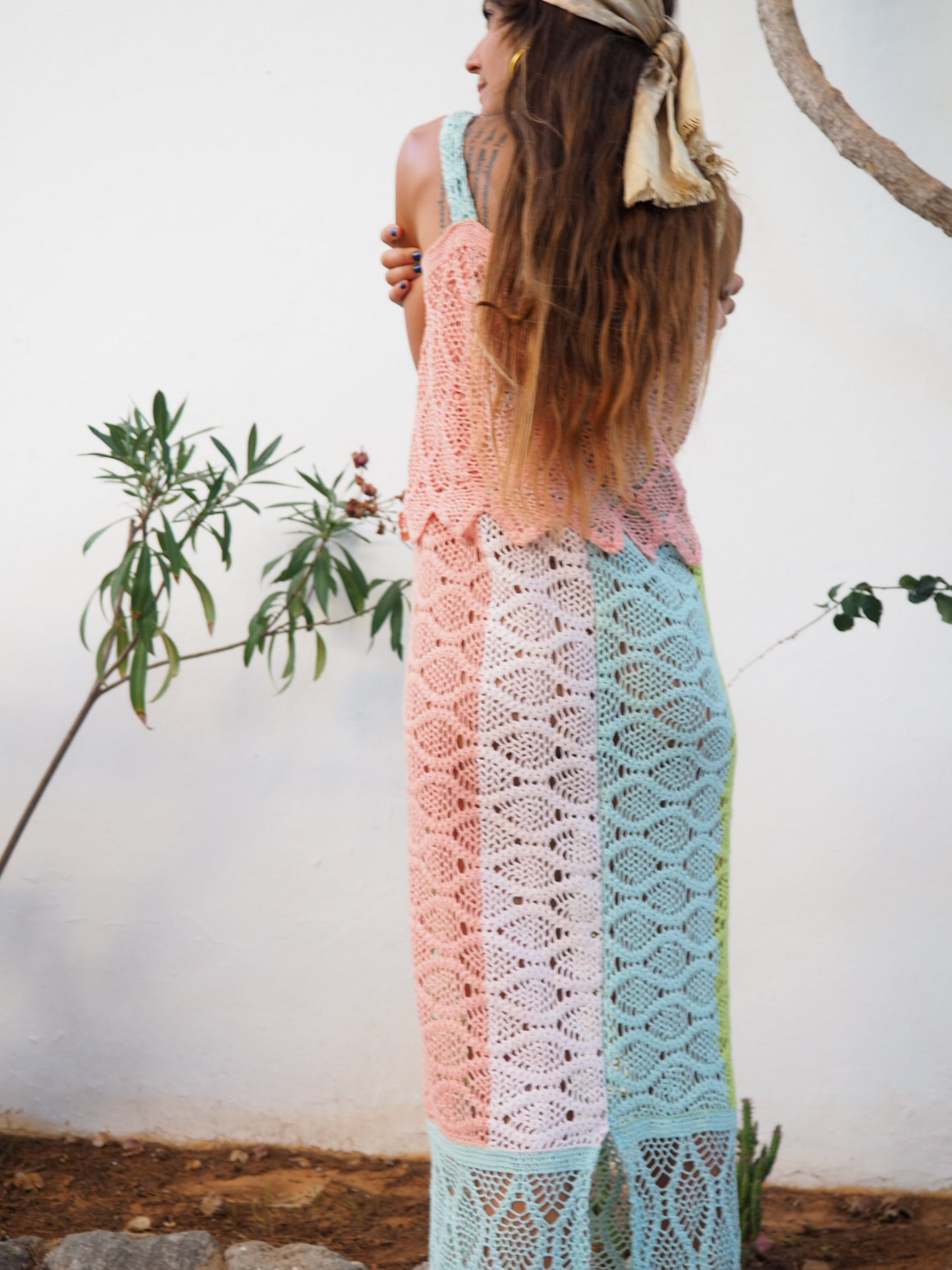 One of a kind up-cycled cotton crochet dress in pastel colours