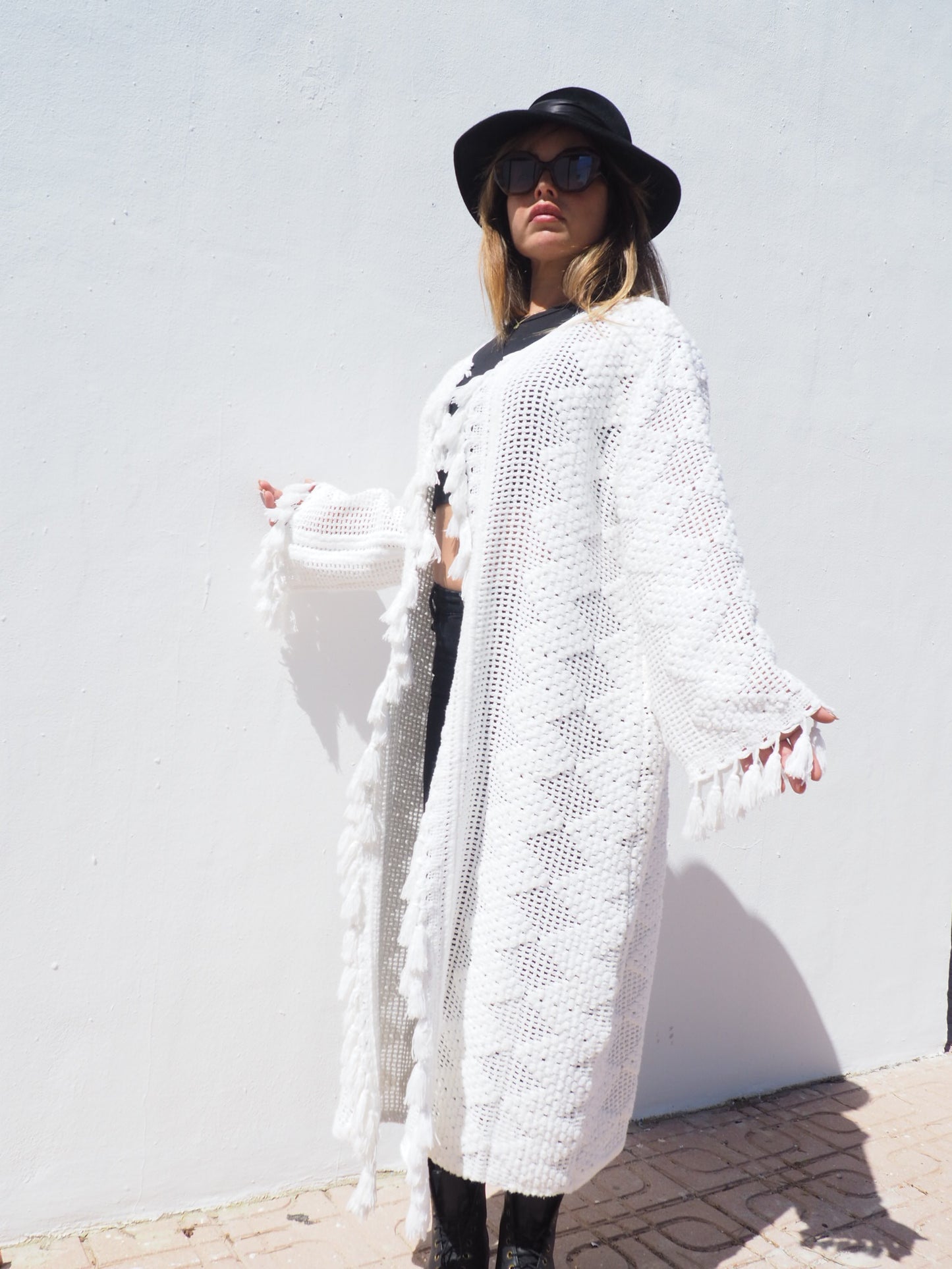 Unique on off a kind vintage white crochet jacket up-cycled by Vagabond Ibiza with cute tássel details.