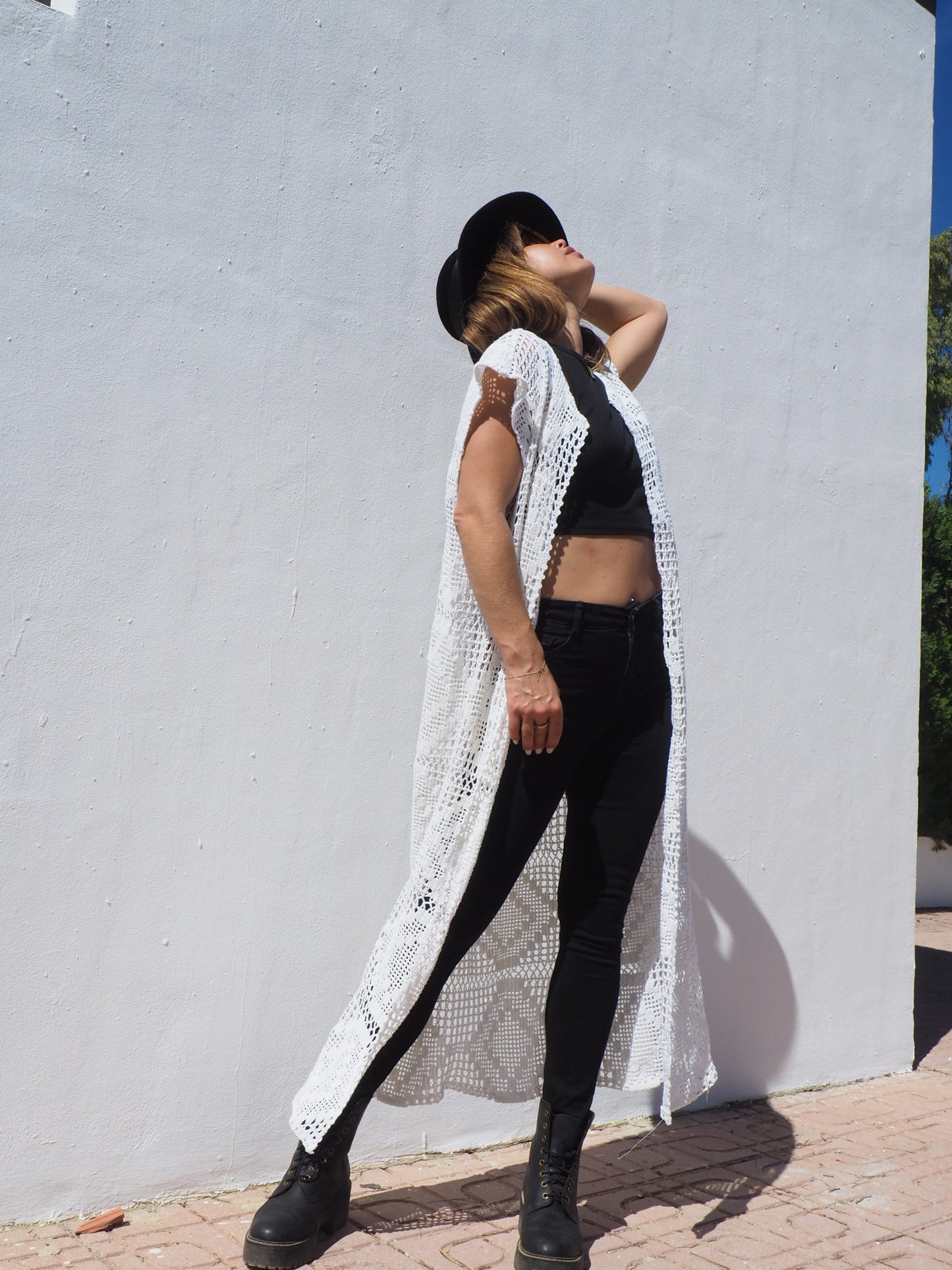 Vintage 1970’s crochet long white up-cycled waistcoat made by Vagabond Ibiza.