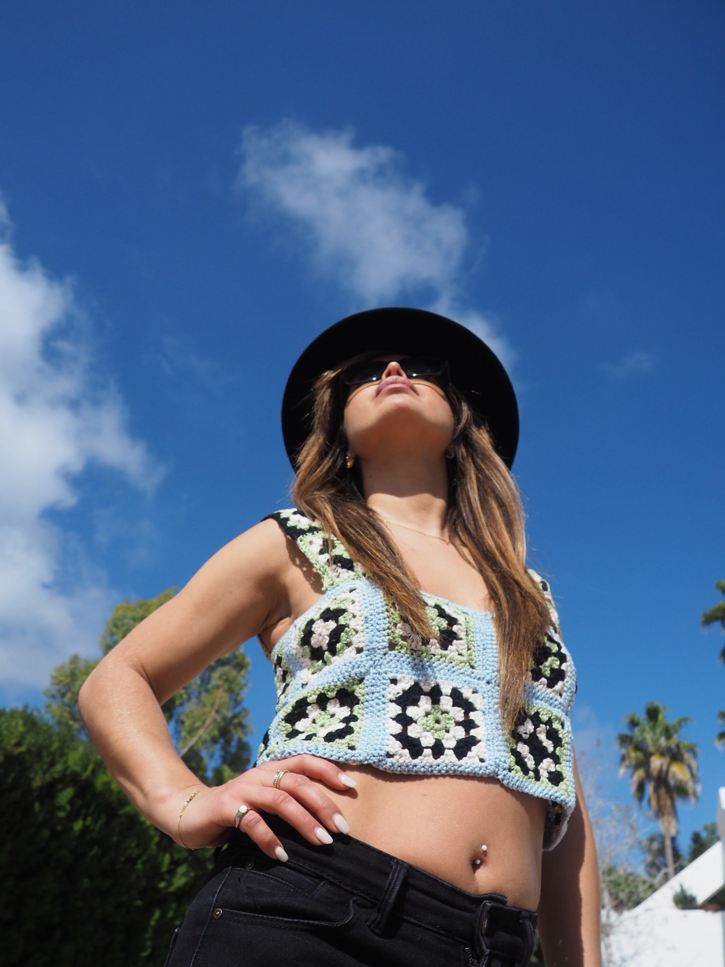 Handmade crochet cotton blue and green top made by Vagabond Ibiza