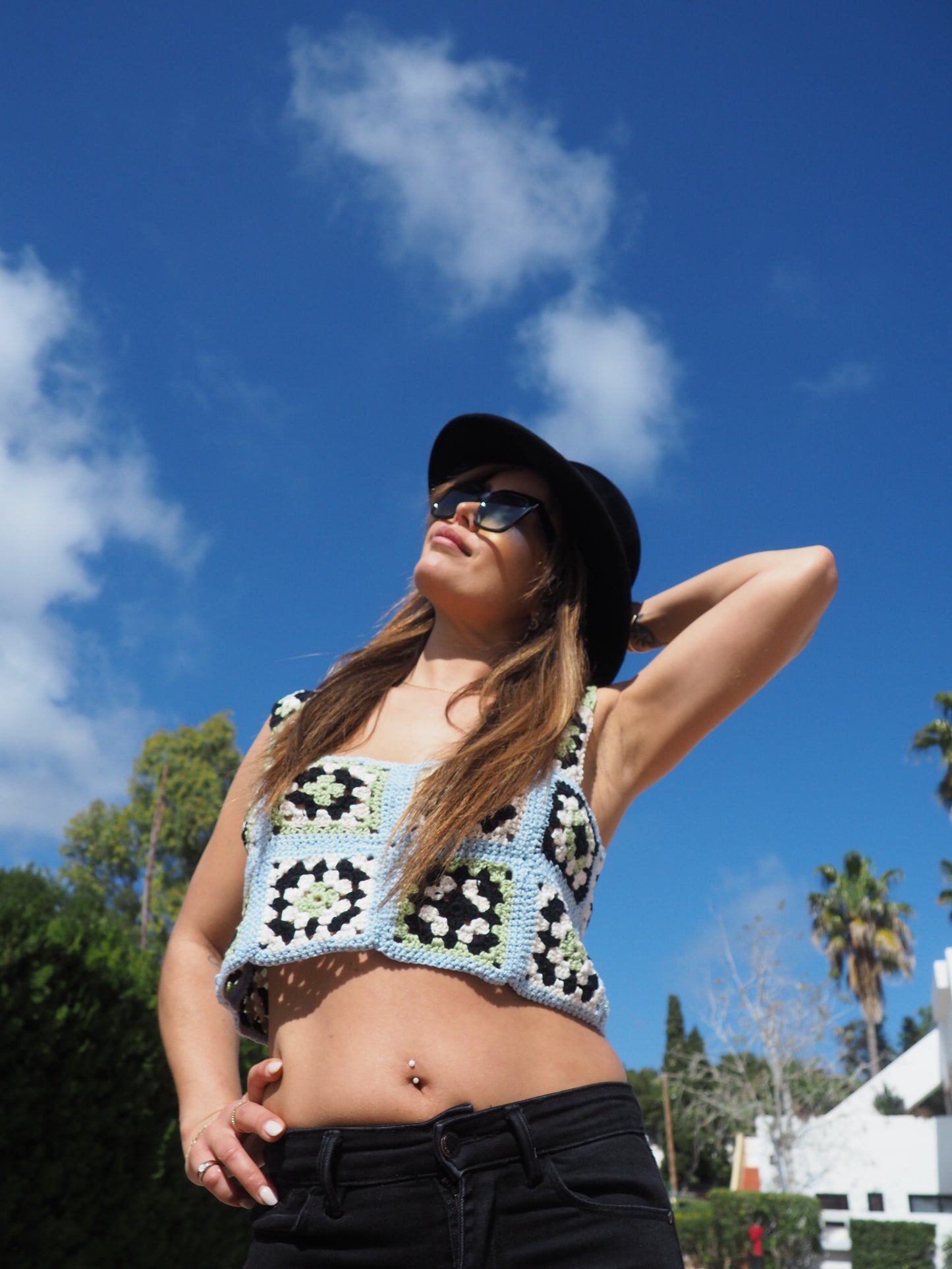Handmade crochet cotton blue and green top made by Vagabond Ibiza