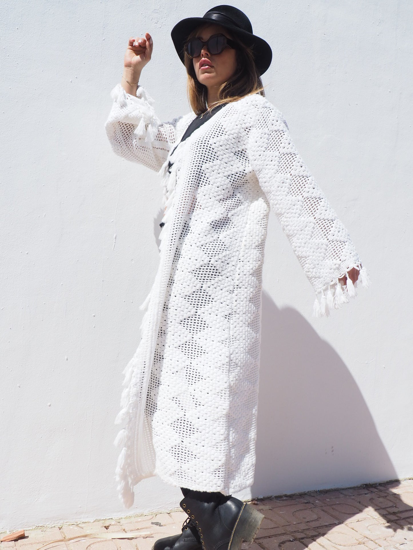 Unique on off a kind vintage white crochet jacket up-cycled by Vagabond Ibiza with cute tássel details.