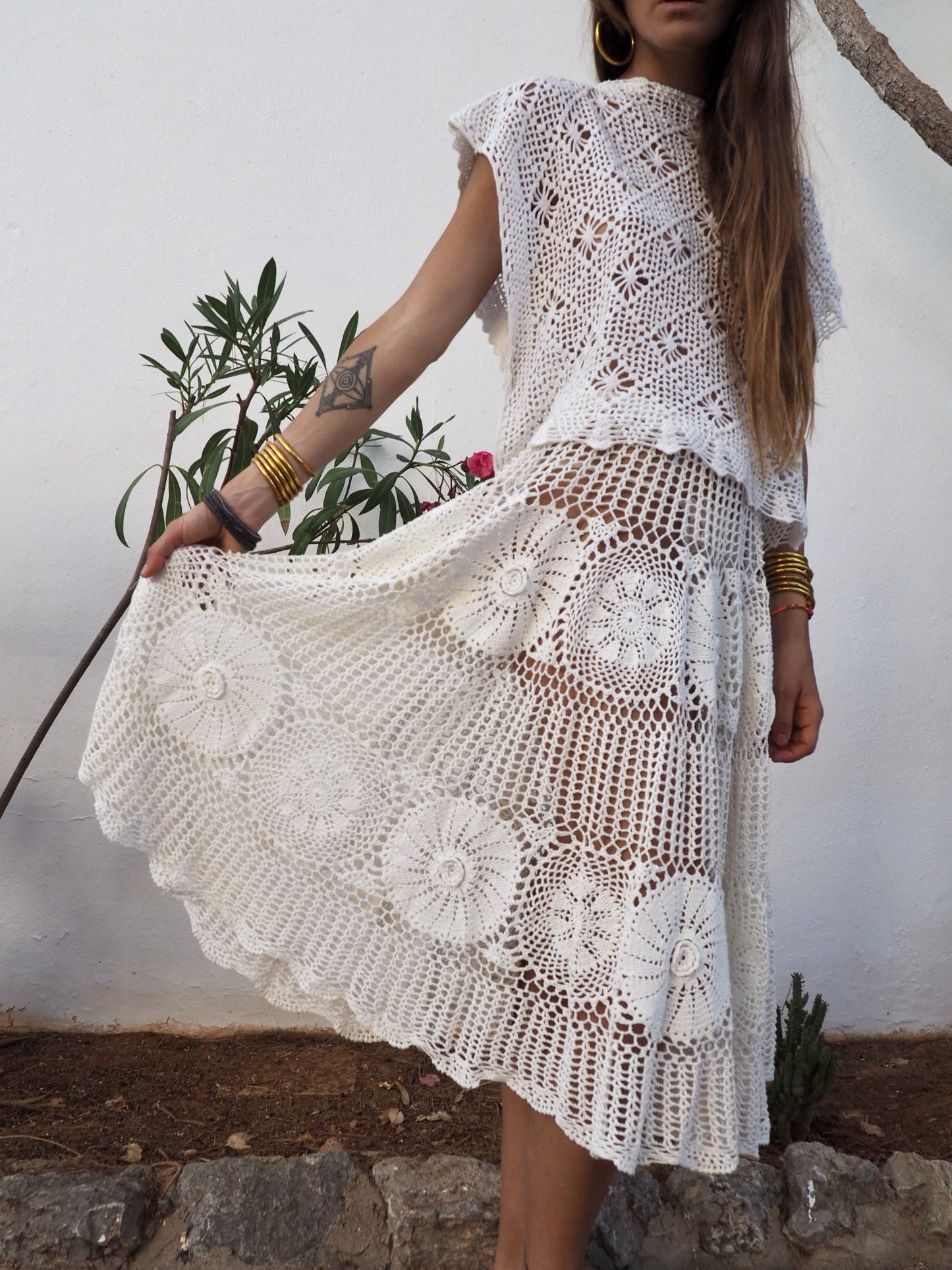 Amazing one off a kind white vintage crochet lace skirt up-cycled by Vagabond Ibiza