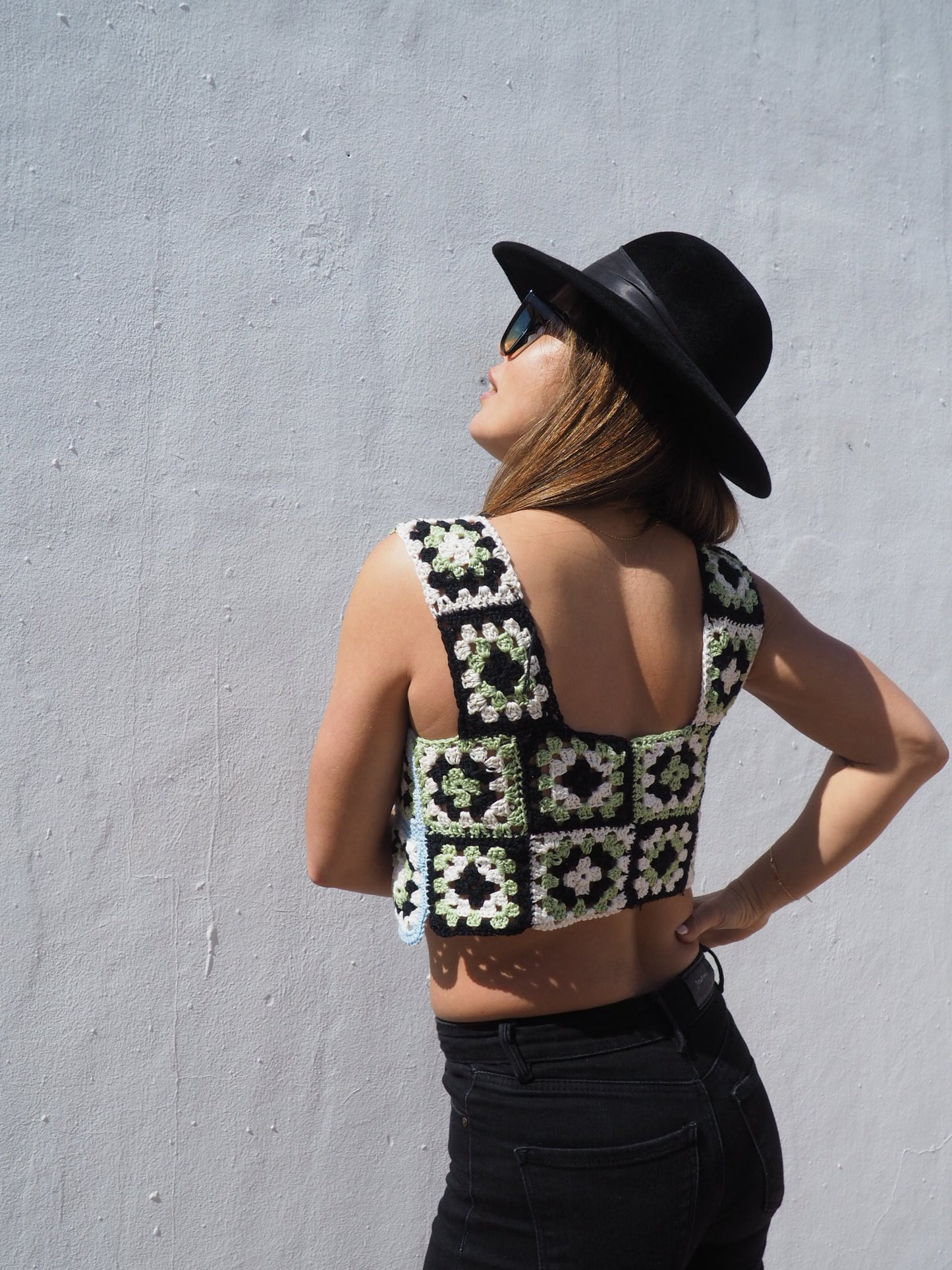 Handmade crochet cotton blue and green top made by Vagabond Ibiza