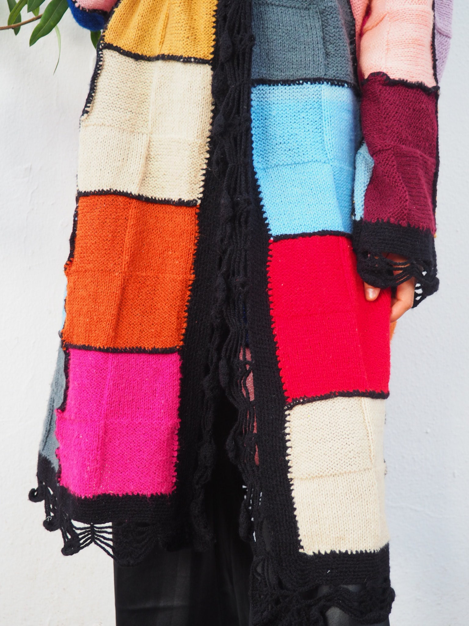 colourful waistcoat, Vintage Crochet Jacket, up cycled jacket , handmade jacket, striped jacket , vintage jacket, 1970s jacket , long waistcoat, slow fashion , sustainable fashion, vintage shop, ibiza vintage shop, ibiza style, bohemian jacket, boho jacket, colourful jacket, festival jacket, hippie style, 70s clothing, original vintage, recycled fashion brand, sustainable fashion brand, slow fashion brand, rainbow fashion, knitted jacket, woven jacket, winter jacket,  granny crochet, granny squares