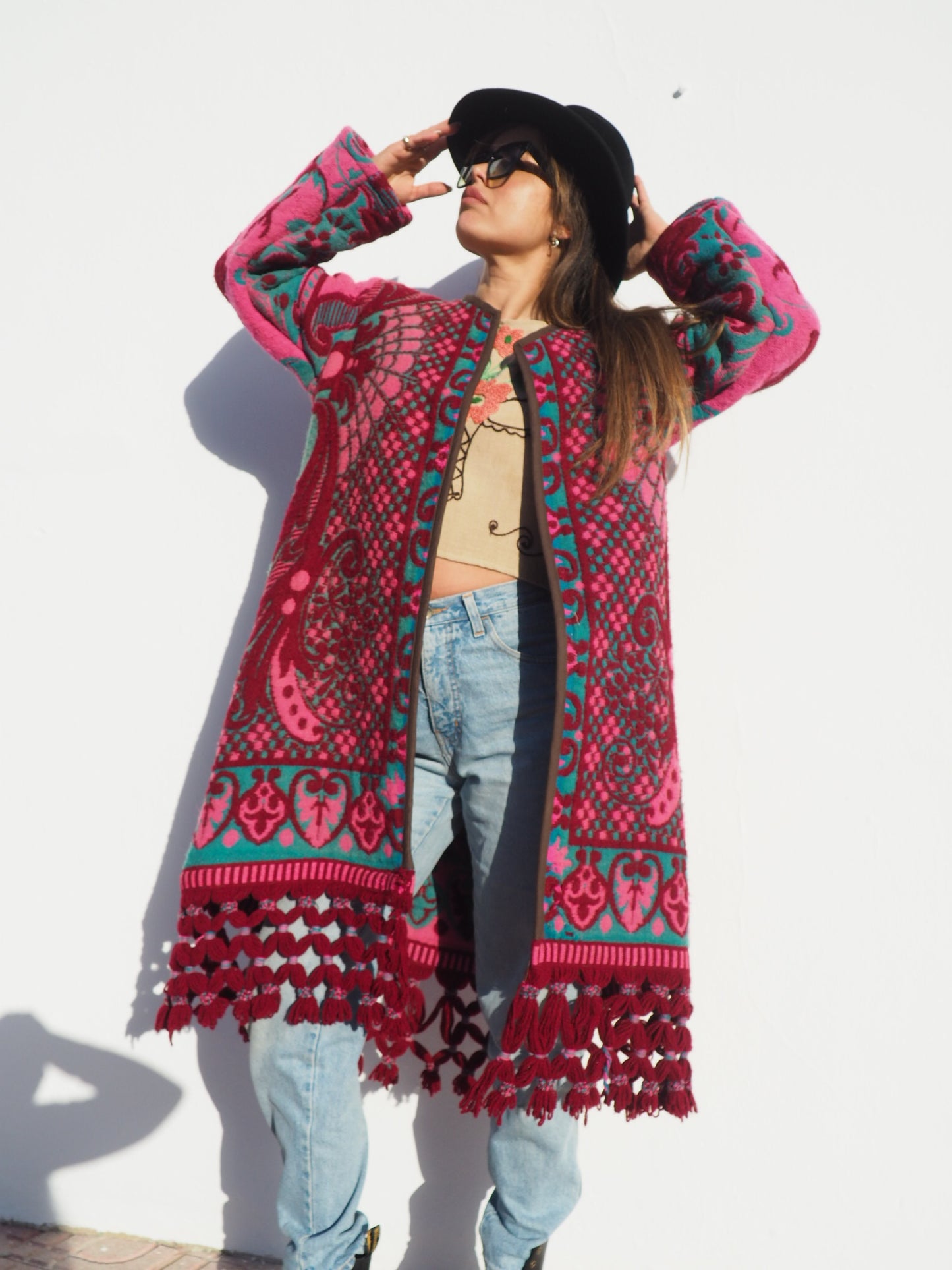 Amazing vintage woven tapestry jacket with insane oversize tassel trim up-cycled by Vagabond Ibiza