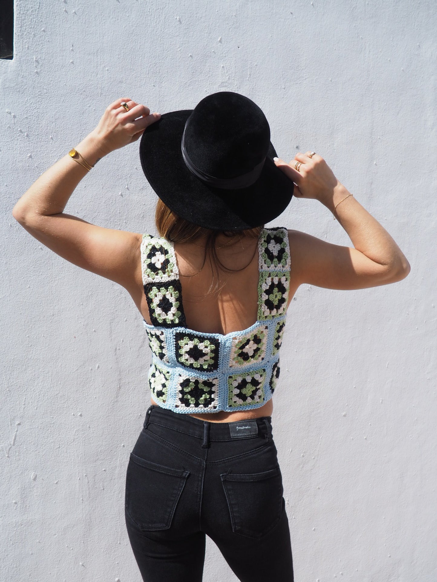 Handmade crochet cotton blue and green top made by Vagabond Ibiza