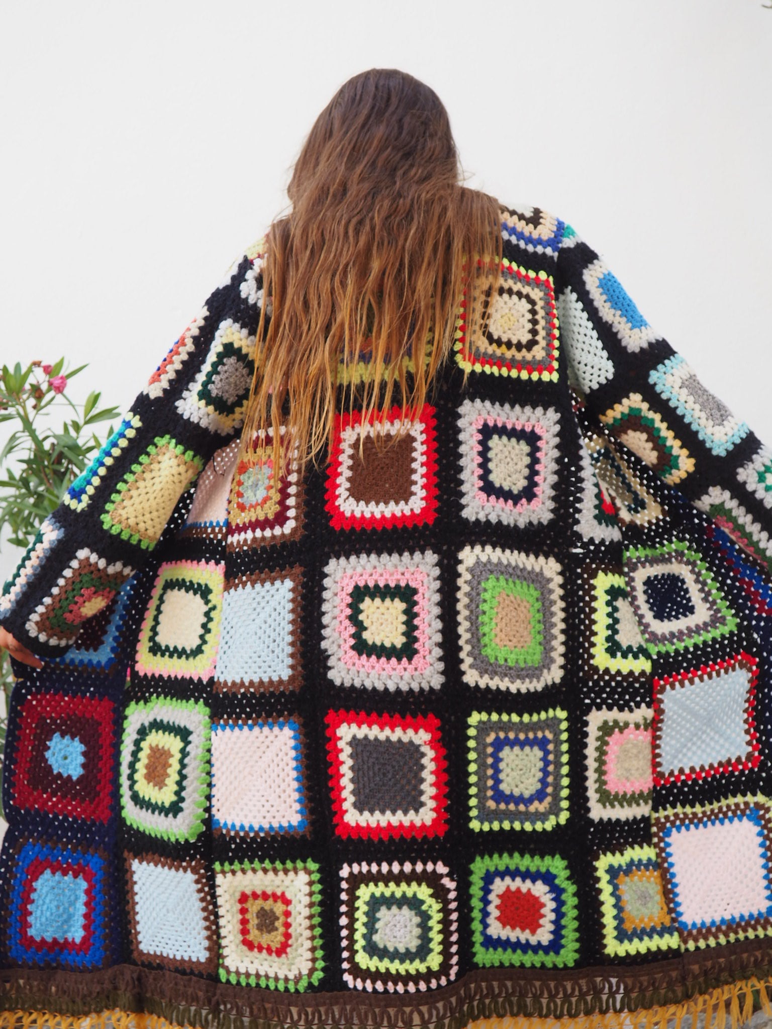 1970’s Granny Square Crochet Jacket,colourful waistcoat, Vintage Crochet Jacket, up cycled jacket , handmade jacket, striped jacket , vintage jacket, 1970s jacket , long waistcoat, slow fashion , sustainable fashion, vintage shop, ibiza vintage shop, ibiza style, bohemian jacket, boho jacket, colourful jacket, festival jacket, hippie style, 70s clothing, original vintage, recycled fashion brand, sustainable fashion brand, slow fashion brand, rainbow fashion, knitted jacket, woven jacket, winter jacket
