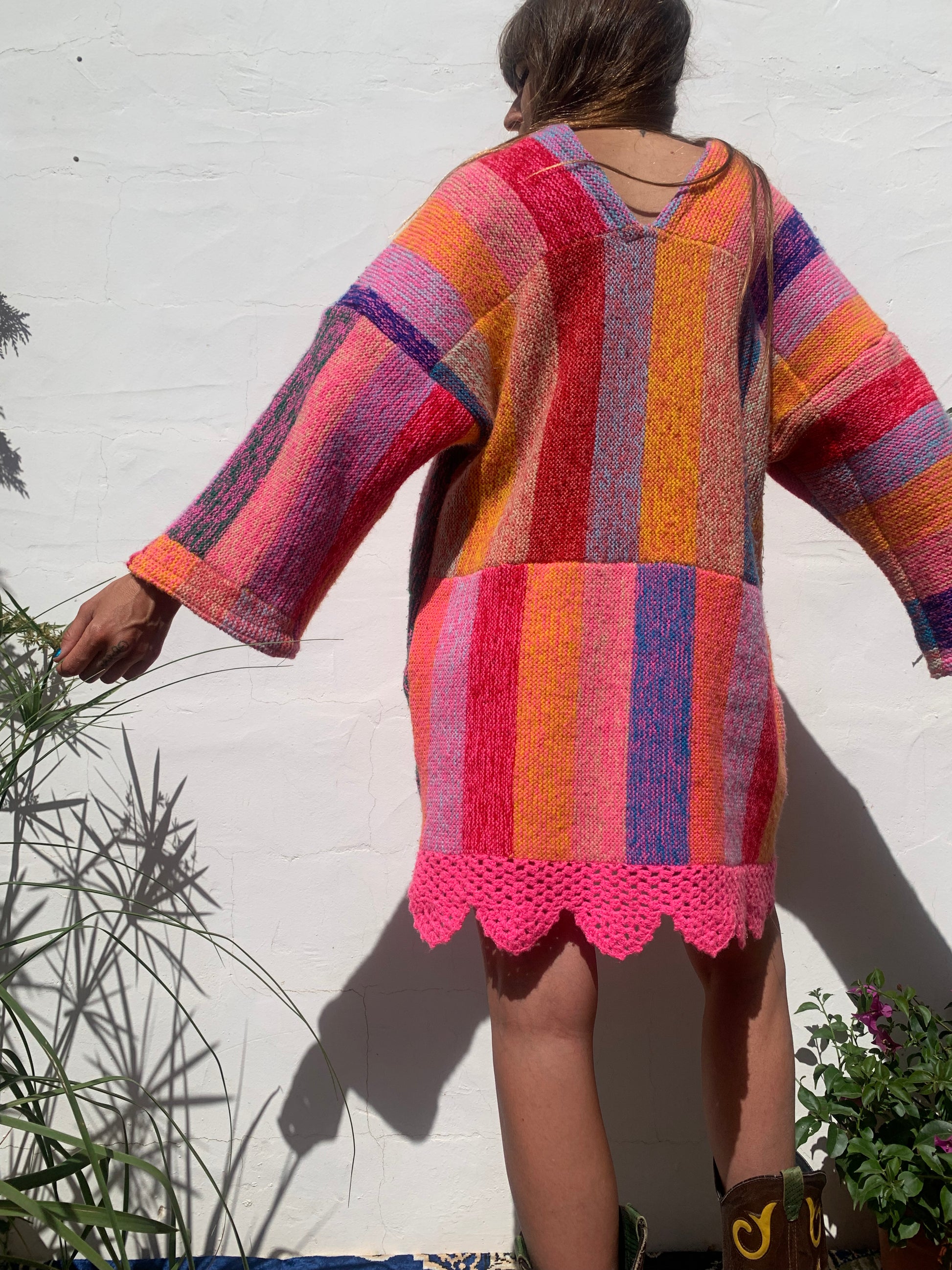 colourful waistcoat, Vintage Crochet Jacket, up cycled jacket , handmade jacket, striped jacket , vintage jacket, 1970s jacket , long waistcoat, slow fashion , sustainable fashion, vintage shop, ibiza vintage shop, ibiza style, bohemian jacket, boho jacket, colourful jacket, festival jacket, hippie style, 70s clothing, original vintage, recycled fashion brand, sustainable fashion brand, slow fashion brand, rainbow fashion, knitted jacket, woven jacket, winter jacket, crochet jumper, vintage fashion, 