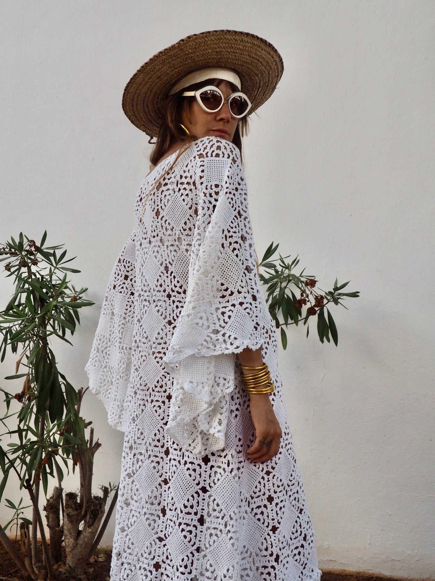 Very cool vintage white crochet oversized bell sleeve dress up-cycled by Vagabond Ibiza