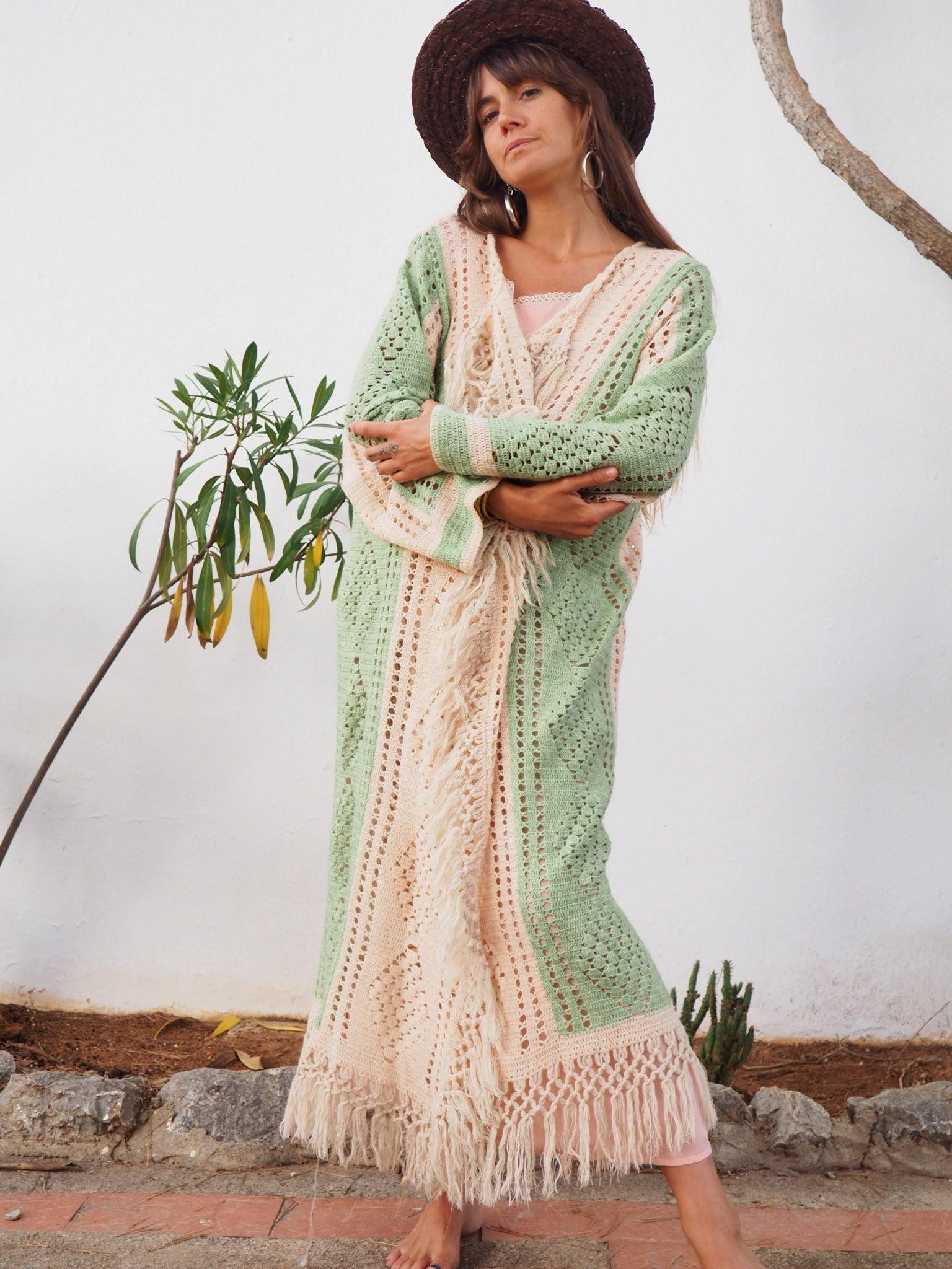 colourful waistcoat, Vintage Crochet Jacket, up cycled jacket , handmade jacket, striped jacket , vintage jacket, 1970s jacket , long waistcoat, slow fashion , sustainable fashion, vintage shop, ibiza vintage shop, ibiza style, bohemian jacket, boho jacket, colourful jacket, festival jacket, hippie style, 70s clothing, original vintage, recycled fashion brand, sustainable fashion brand, slow fashion brand, rainbow fashion, knitted jacket, woven jacket, winter jacket, crochet jumper, vintage fashion, 