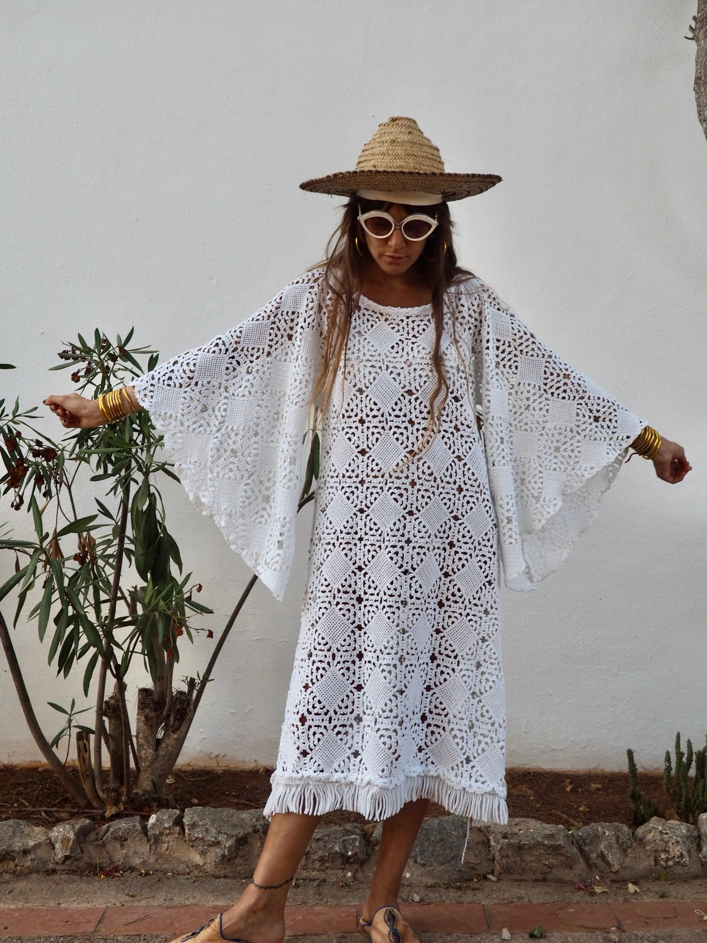 Very cool vintage white crochet oversized bell sleeve dress up-cycled by Vagabond Ibiza