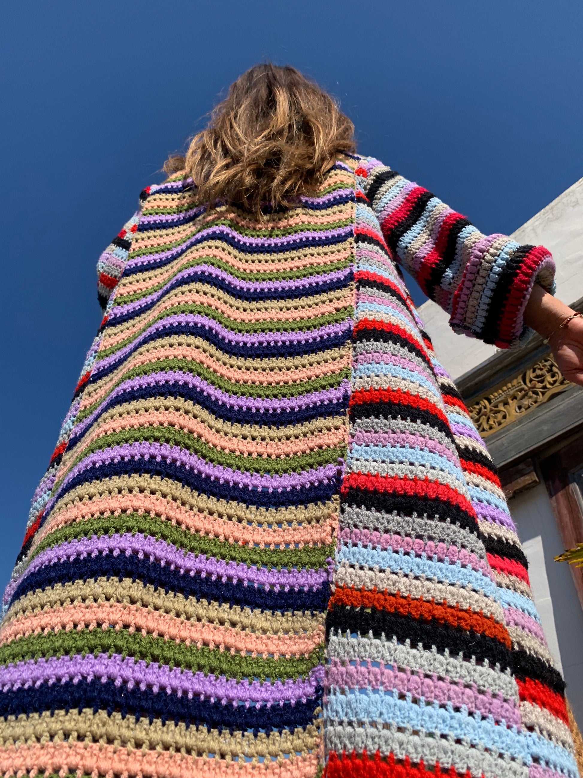 1970's upcycled jacketcolourful waistcoat, Vintage Crochet Jacket, up cycled jacket , handmade jacket, striped jacket , vintage jacket, 1970s jacket , long waistcoat, slow fashion , sustainable fashion, vintage shop, ibiza vintage shop, ibiza style, bohemian jacket, boho jacket, colourful jacket, festival jacket, hippie style, 70s clothing, original vintage, recycled fashion brand, sustainable fashion brand, slow fashion brand, rainbow fashion, knitted jacket, woven jacket, winter jacket