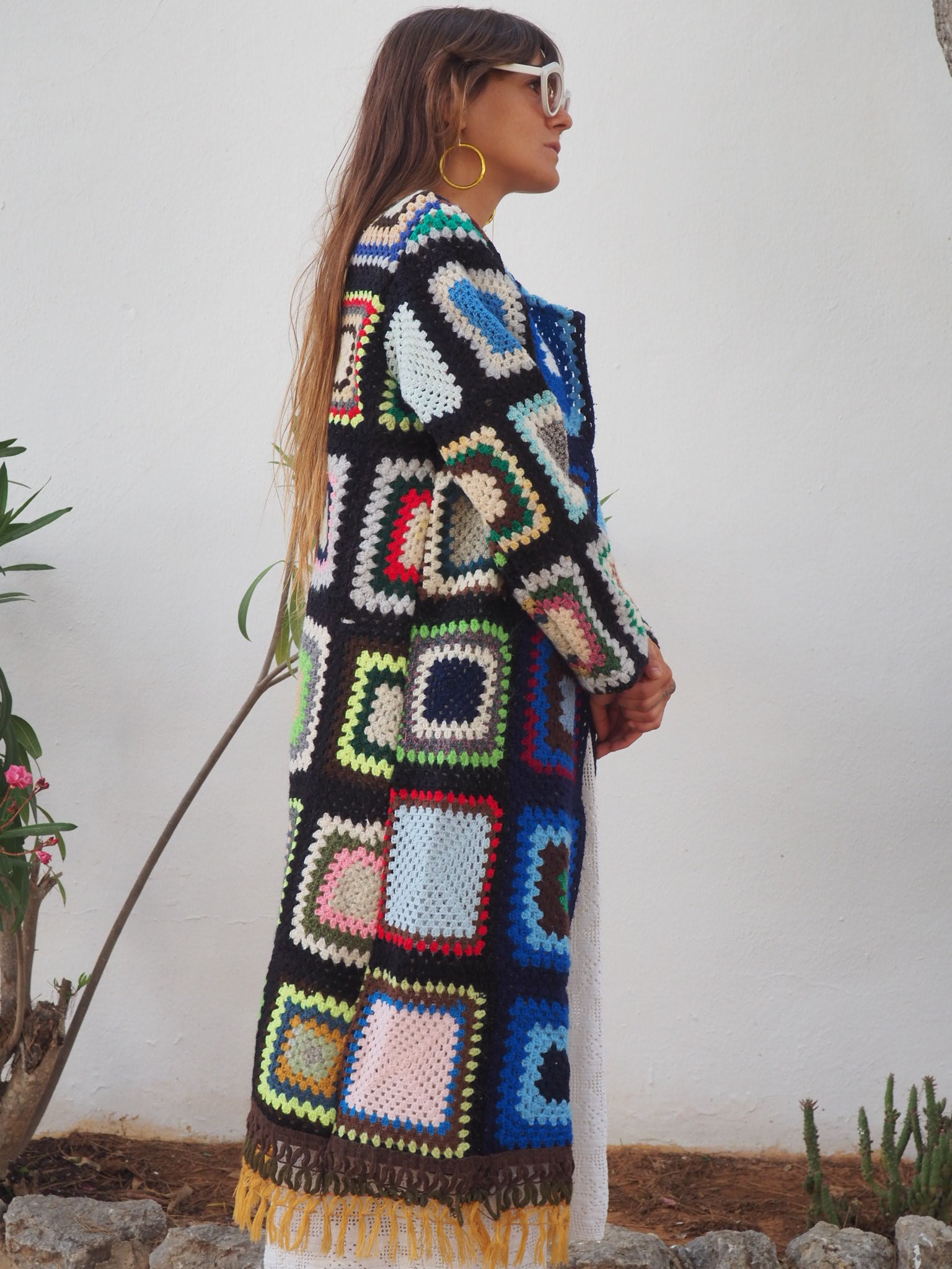 Granny Square Jacketcolourful waistcoat, Vintage Crochet Jacket, up cycled jacket , handmade jacket, striped jacket , vintage jacket, 1970s jacket , long waistcoat, slow fashion , sustainable fashion, vintage shop, ibiza vintage shop, ibiza style, bohemian jacket, boho jacket, colourful jacket, festival jacket, hippie style, 70s clothing, original vintage, recycled fashion brand, sustainable fashion brand, slow fashion brand, rainbow fashion, knitted jacket, woven jacket, winter jacket