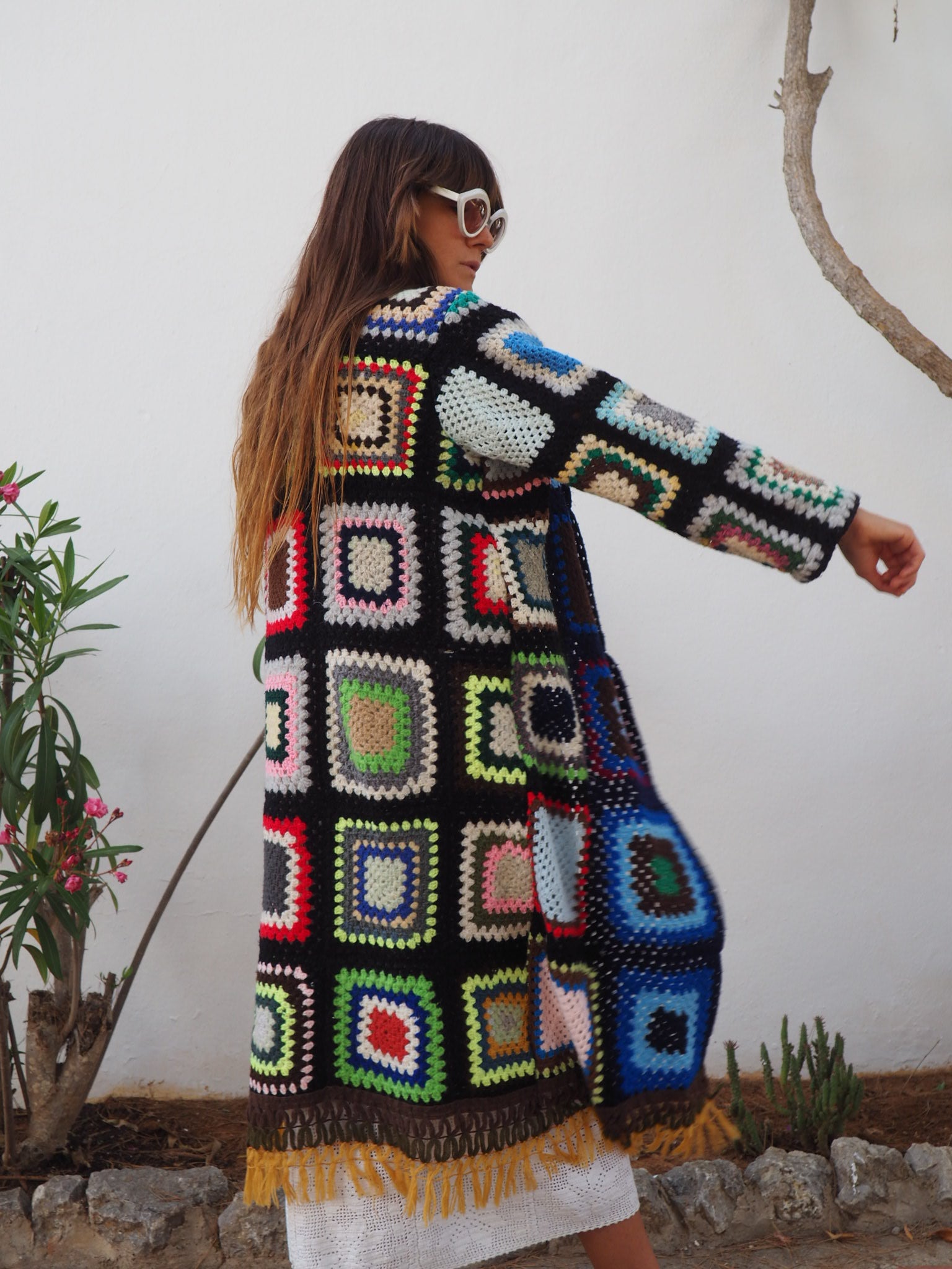 Crochet Up-cycled Jacket,colourful waistcoat, Vintage Crochet Jacket, up cycled jacket , handmade jacket, striped jacket , vintage jacket, 1970s jacket , long waistcoat, slow fashion , sustainable fashion, vintage shop, ibiza vintage shop, ibiza style, bohemian jacket, boho jacket, colourful jacket, festival jacket, hippie style, 70s clothing, original vintage, recycled fashion brand, sustainable fashion brand, slow fashion brand, rainbow fashion, knitted jacket, woven jacket, winter jacket