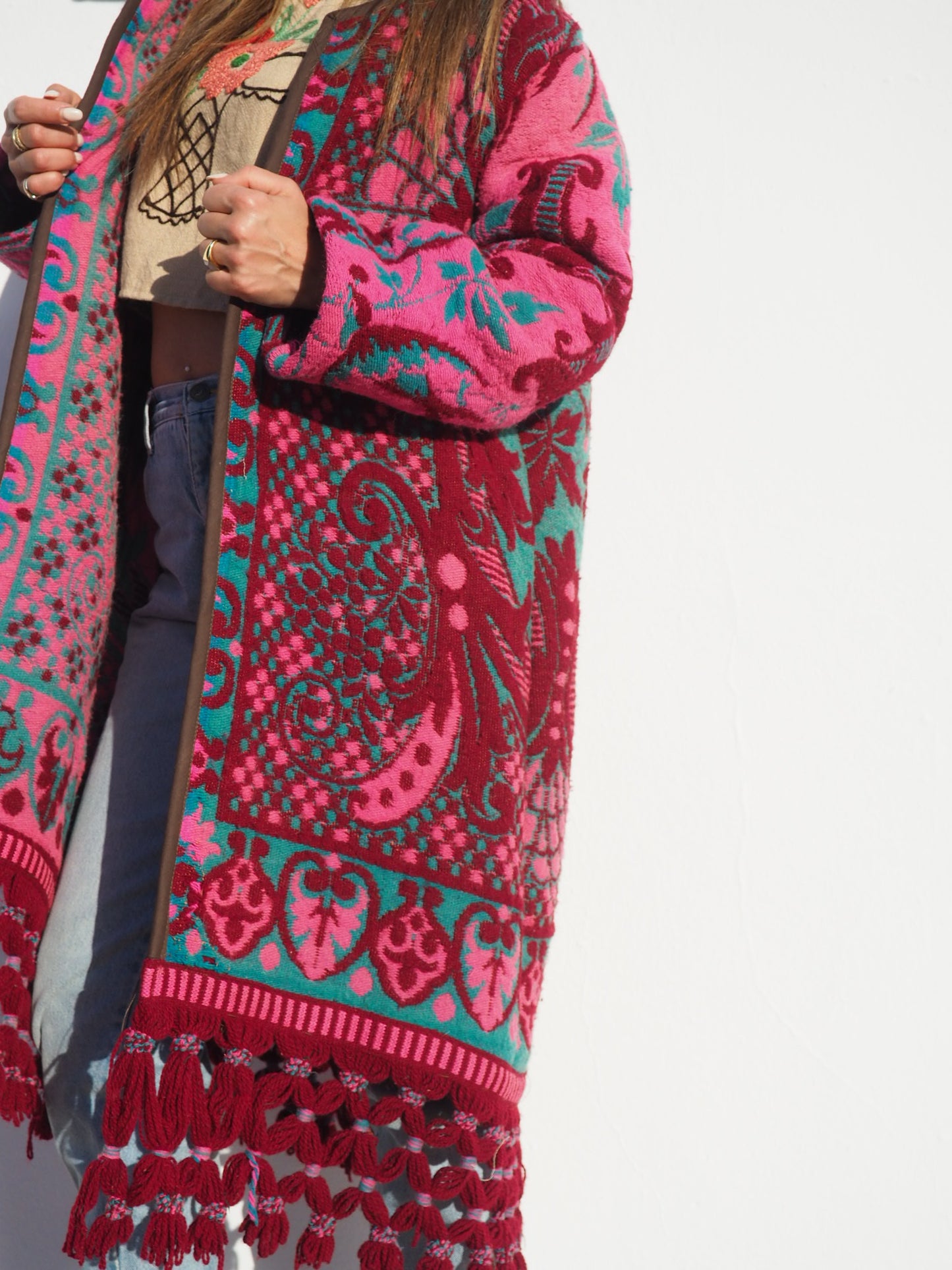 Amazing vintage woven tapestry jacket with insane oversize tassel trim up-cycled by Vagabond Ibiza