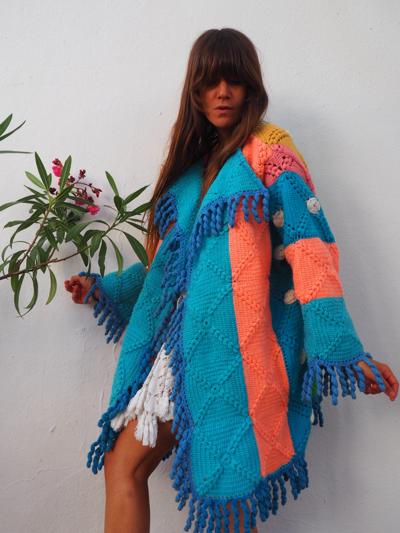 colourful waistcoat, Vintage Crochet Jacket, up cycled jacket , handmade jacket, striped jacket , vintage jacket, 1970s jacket , long waistcoat, slow fashion , sustainable fashion, vintage shop, ibiza vintage shop, ibiza style, bohemian jacket, boho jacket, colourful jacket, festival jacket, hippie style, 70s clothing, original vintage, recycled fashion brand, sustainable fashion brand, slow fashion brand, rainbow fashion, knitted jacket, woven jacket, winter jacket