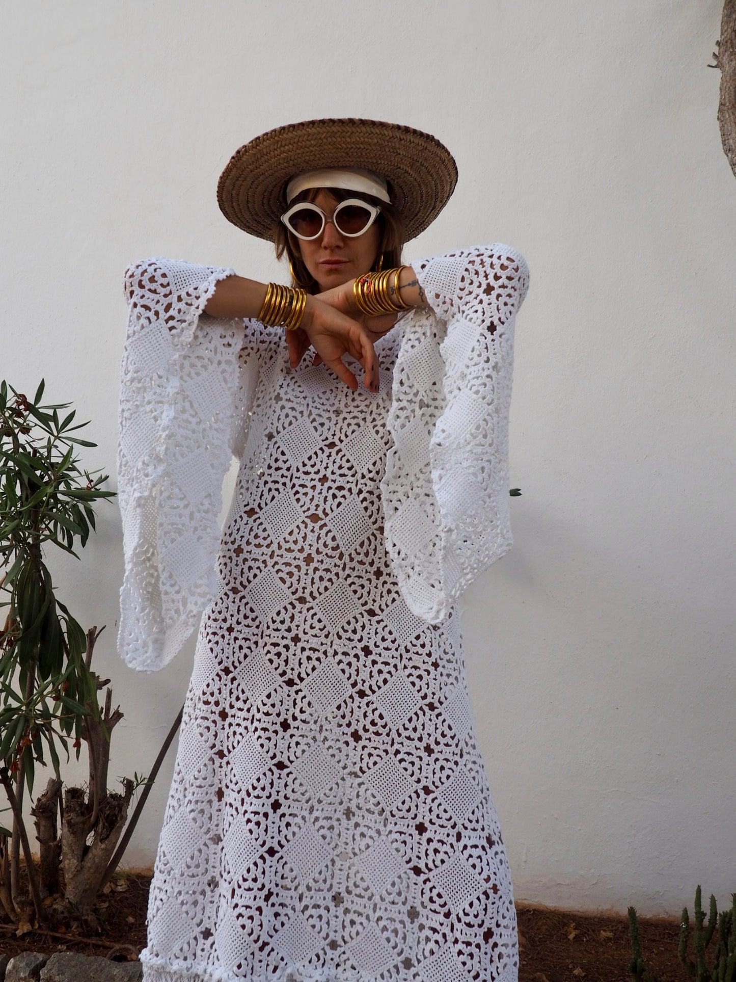 Very cool vintage white crochet oversized bell sleeve dress up-cycled by Vagabond Ibiza