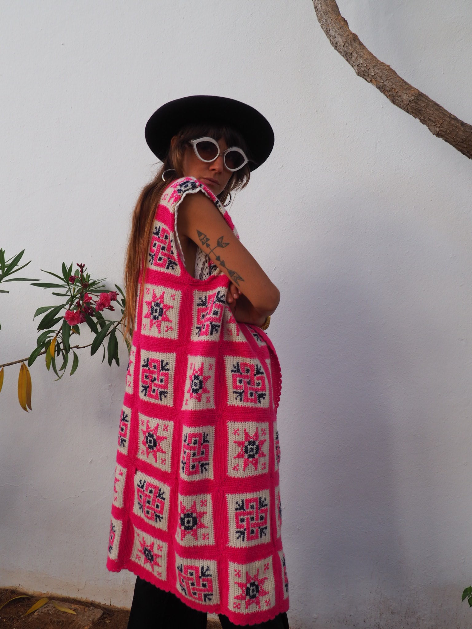 colourful waistcoat, Vintage Crochet Jacket, up cycled jacket , handmade jacket, striped jacket , vintage jacket, 1970s jacket , long waistcoat, slow fashion , sustainable fashion, vintage shop, ibiza vintage shop, ibiza style, bohemian jacket, boho jacket, colourful jacket, festival jacket, hippie style, 70s clothing, original vintage, recycled fashion brand, sustainable fashion brand, slow fashion brand, rainbow fashion, knitted jacket, woven jacket, winter jacket