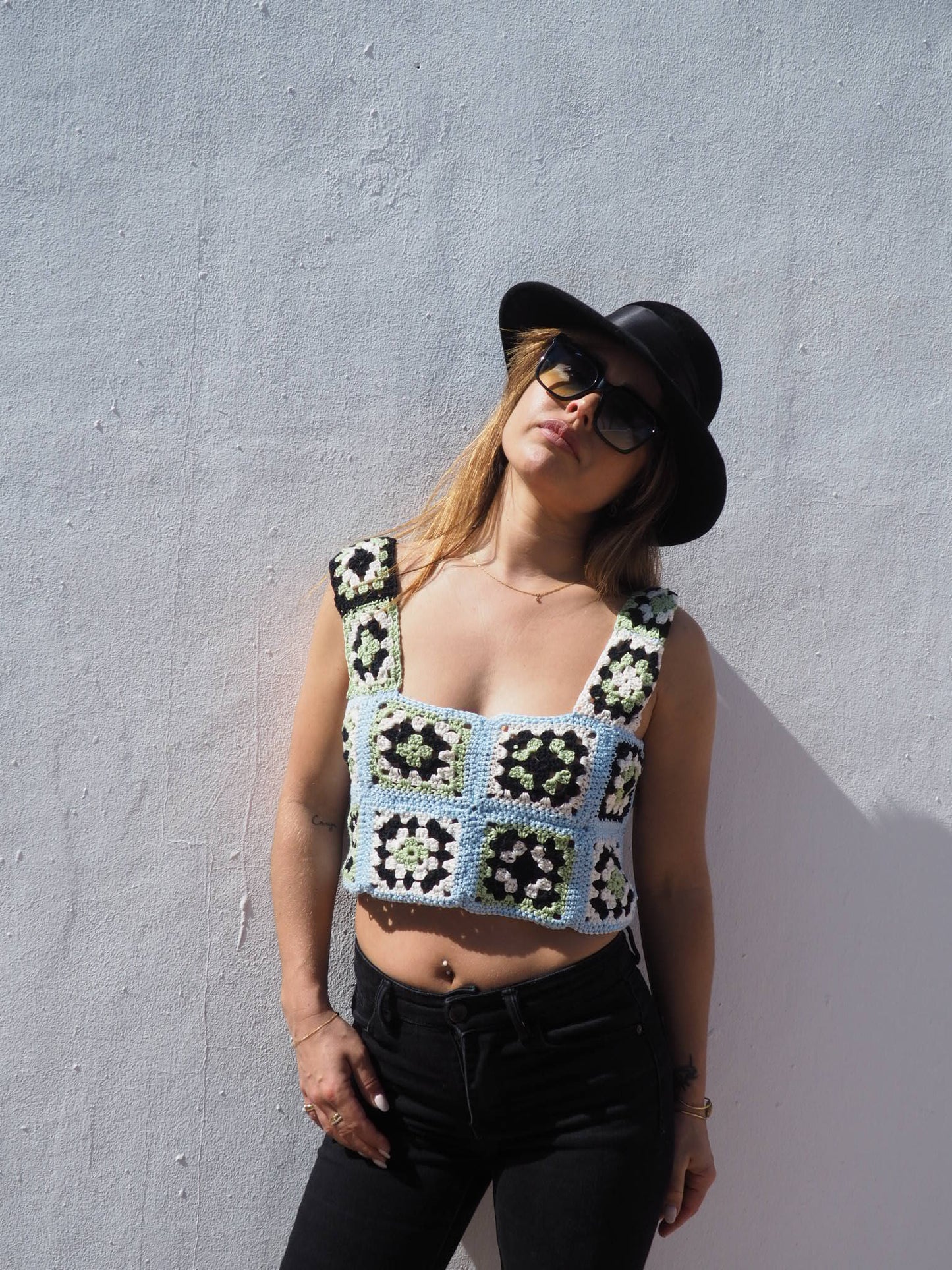 Handmade crochet cotton blue and green top made by Vagabond Ibiza