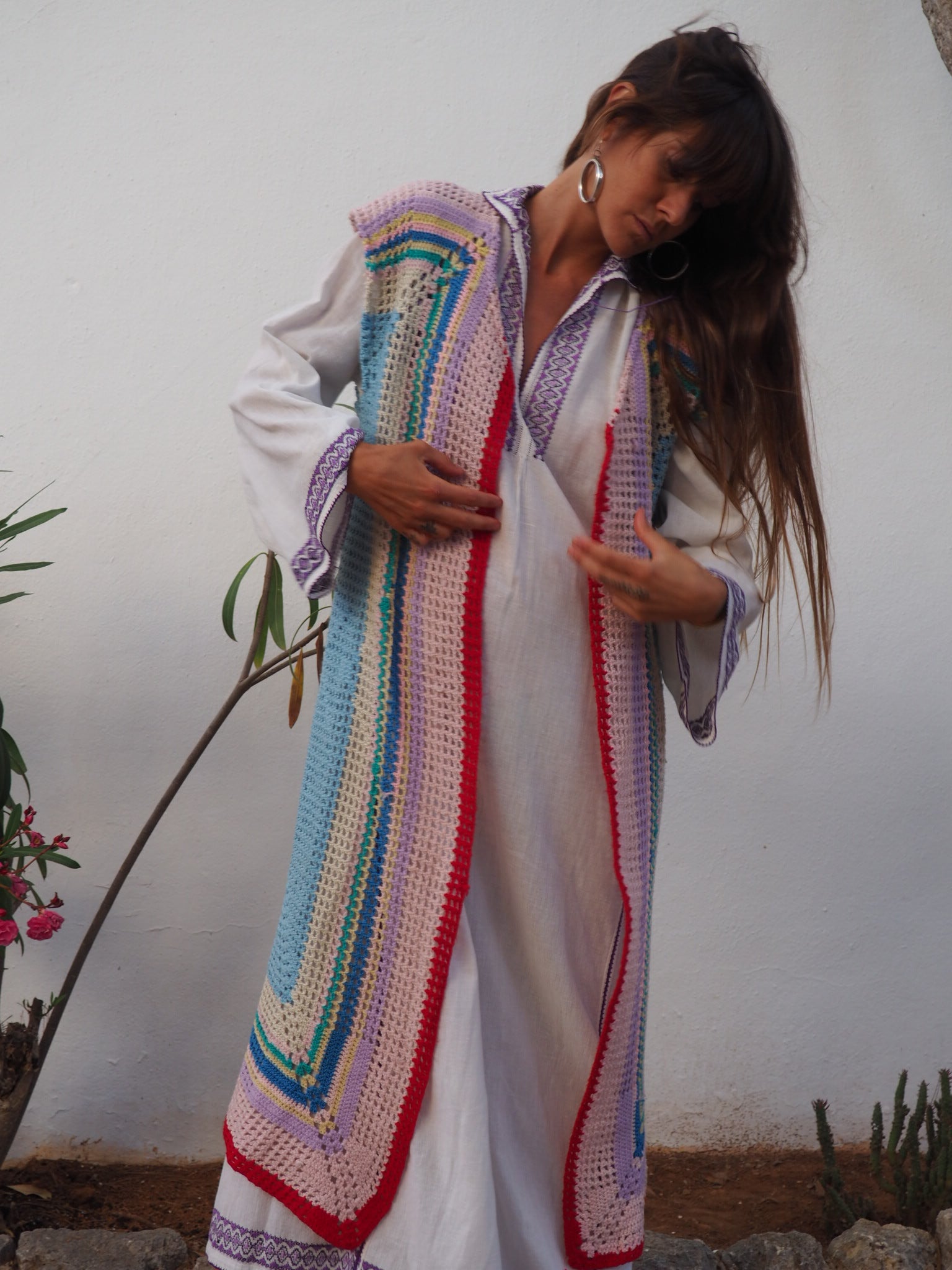 colourful waistcoat, Vintage Crochet Jacket, up cycled jacket , handmade jacket, striped jacket , vintage jacket, 1970s jacket , long waistcoat, slow fashion , sustainable fashion, vintage shop, ibiza vintage shop, ibiza style, bohemian jacket, boho jacket, colourful jacket, festival jacket, hippie style, 70s clothing, original vintage, recycled fashion brand, sustainable fashion brand, slow fashion brand, rainbow fashion, knitted jacket, woven jacket, winter jacket, crochet jumper, vintage fashion, 