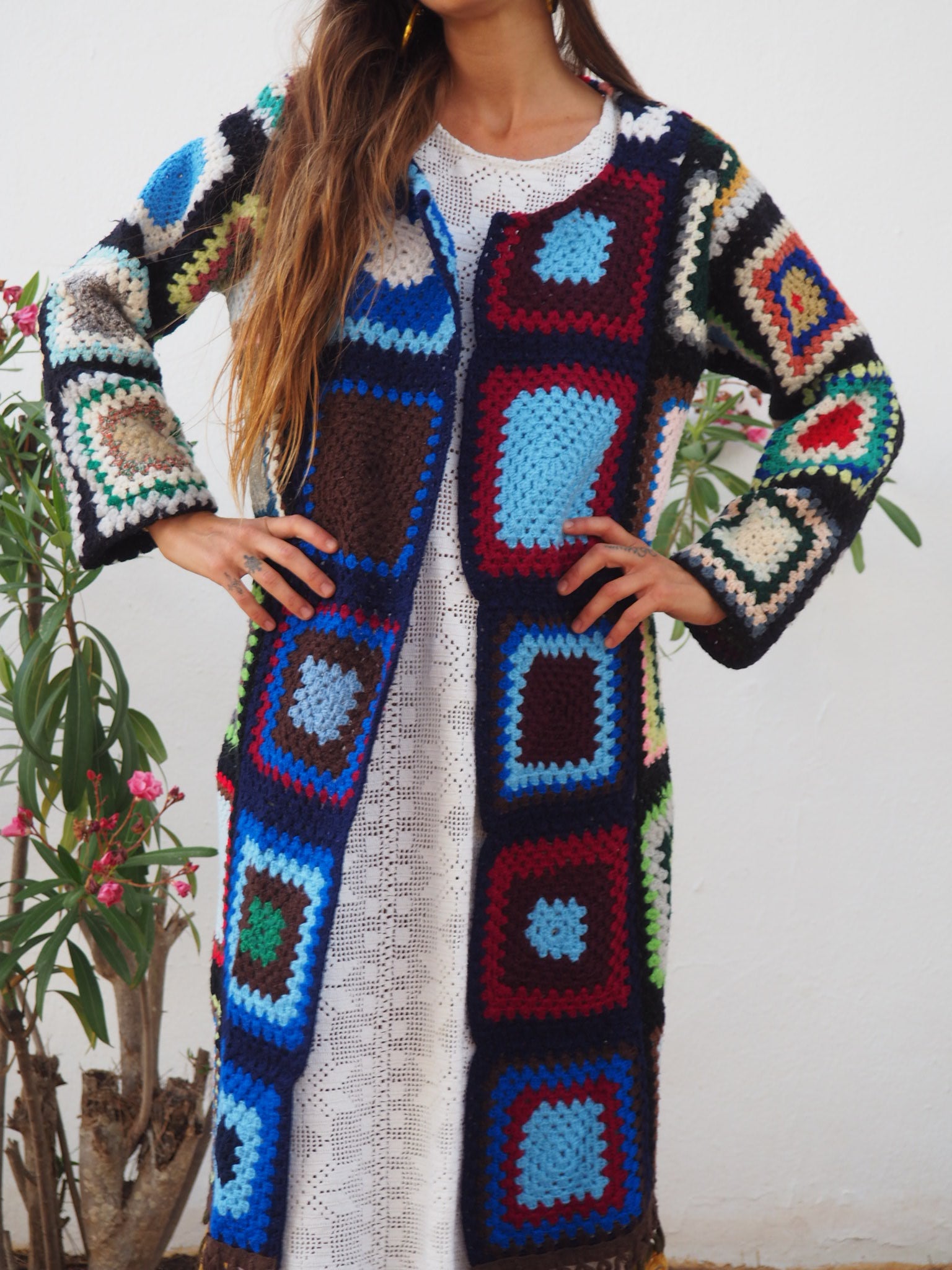 Crochet Up-cycled Jacket,colourful waistcoat, Vintage Crochet Jacket, up cycled jacket , handmade jacket, striped jacket , vintage jacket, 1970s jacket , long waistcoat, slow fashion , sustainable fashion, vintage shop, ibiza vintage shop, ibiza style, bohemian jacket, boho jacket, colourful jacket, festival jacket, hippie style, 70s clothing, original vintage, recycled fashion brand, sustainable fashion brand, slow fashion brand, rainbow fashion, knitted jacket, woven jacket, winter jacket