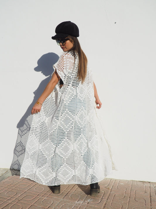 Unique white handmade crochet jacket up-cycled by vagabond ibiza