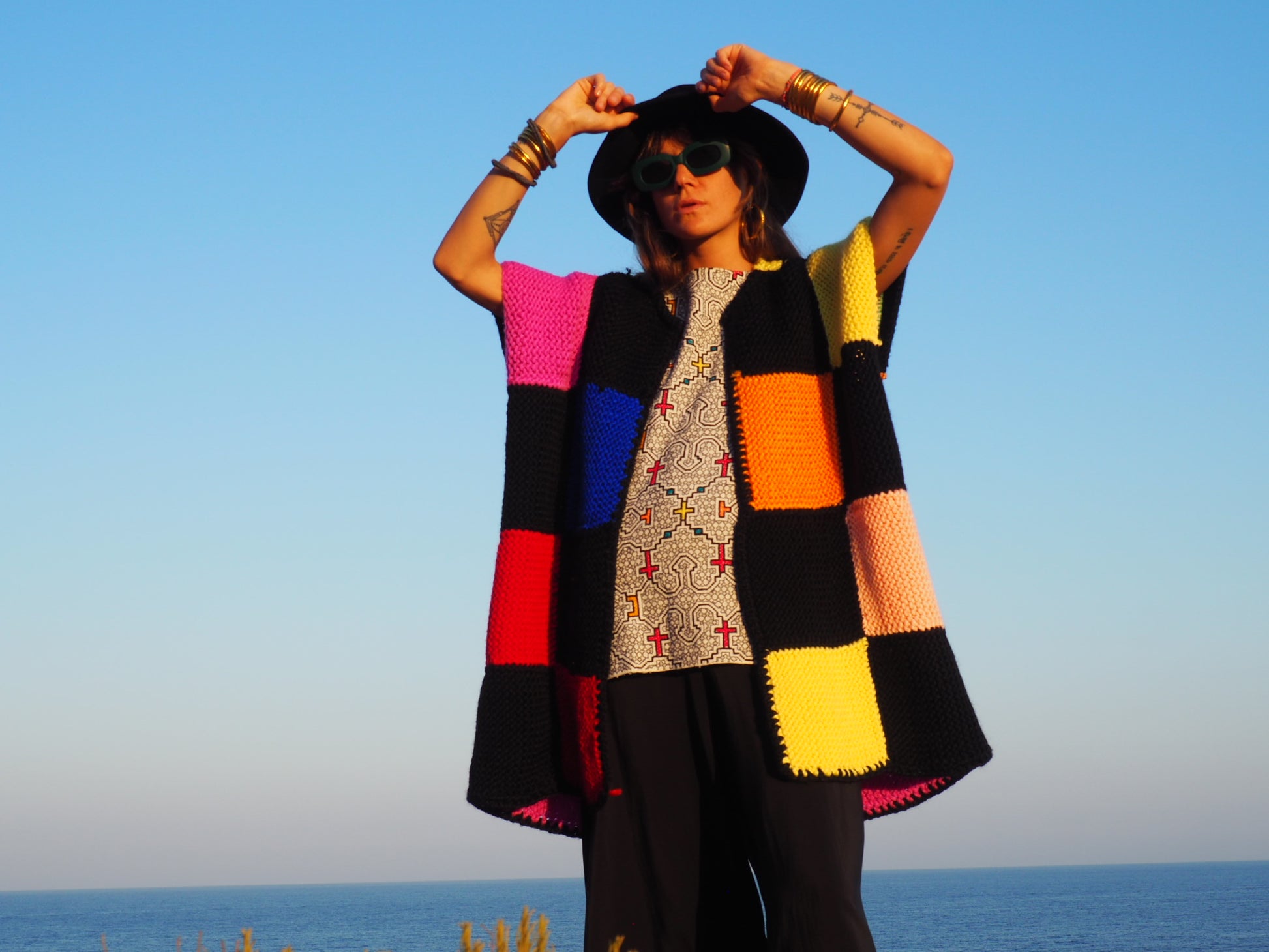 colourful chunky wool knitted waistcoat, Vintage Crochet Jacket, up cycled jacket , handmade jacket, striped jacket , vintage jacket, 1970s jacket , long waistcoat, slow fashion , sustainable fashion, vintage shop, ibiza vintage shop, ibiza style, bohemian jacket, boho jacket, colourful jacket, festival jacket, hippie jstyle, 70s clothing, original vintage, recycled fashion brand, sustainable fashion brand, slow fashion brand, rainbow fashion, knitted jacket, woven jacket, winter jacket
