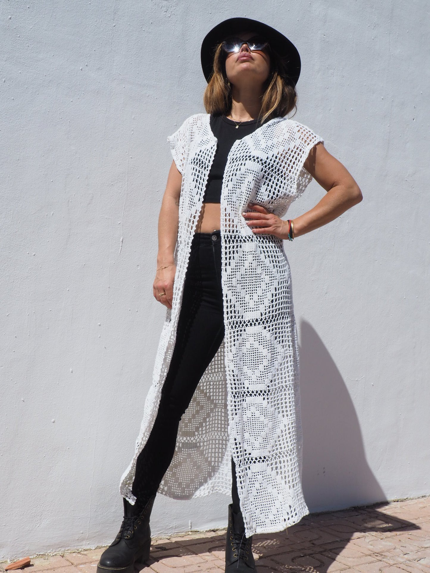 Vintage 1970’s crochet long white up-cycled waistcoat made by Vagabond Ibiza.
