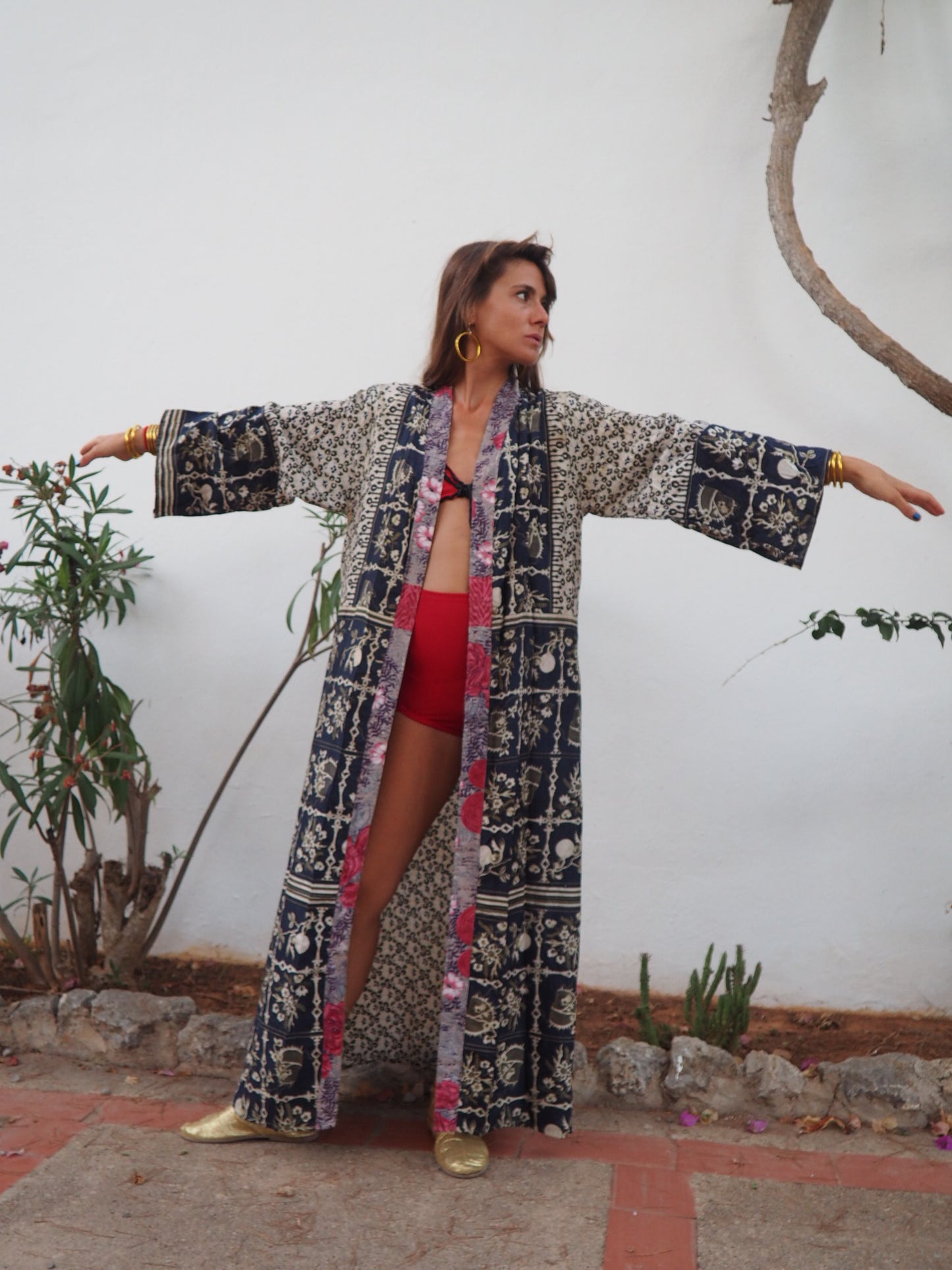 Recycled sari long printed kimono with waist belt