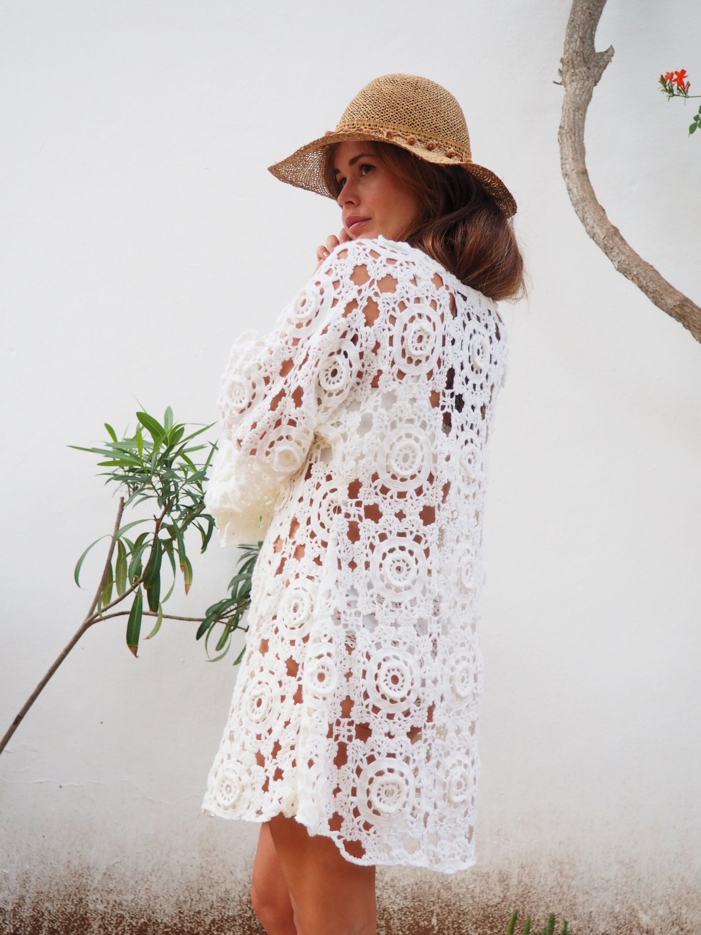 Off white 1960’s hand made crochet lace dress with bell sleeves