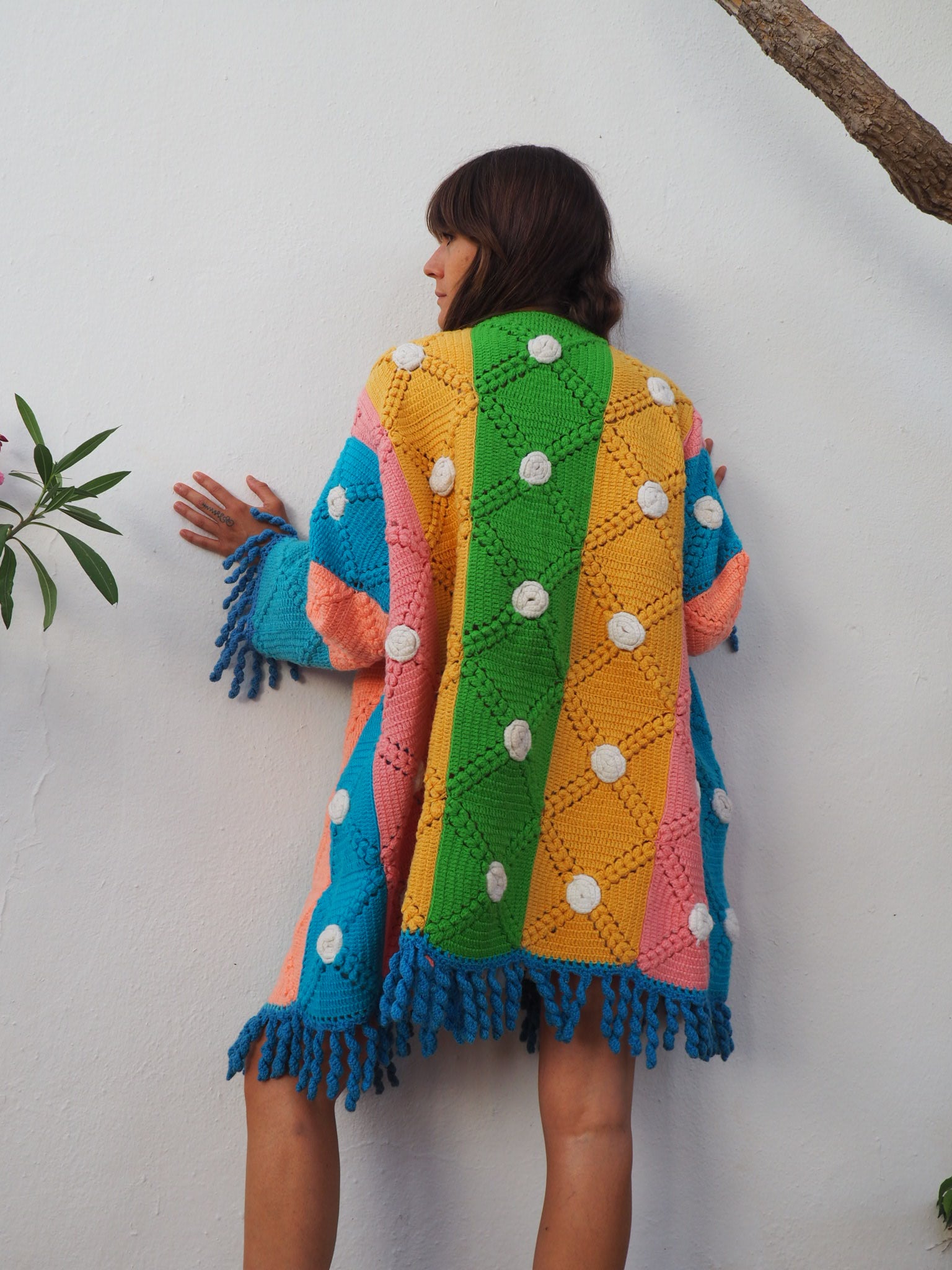 colourful waistcoat, Vintage Crochet Jacket, up cycled jacket , handmade jacket, striped jacket , vintage jacket, 1970s jacket , long waistcoat, slow fashion , sustainable fashion, vintage shop, ibiza vintage shop, ibiza style, bohemian jacket, boho jacket, colourful jacket, festival jacket, hippie style, 70s clothing, original vintage, recycled fashion brand, sustainable fashion brand, slow fashion brand, rainbow fashion, knitted jacket, woven jacket, winter jacket